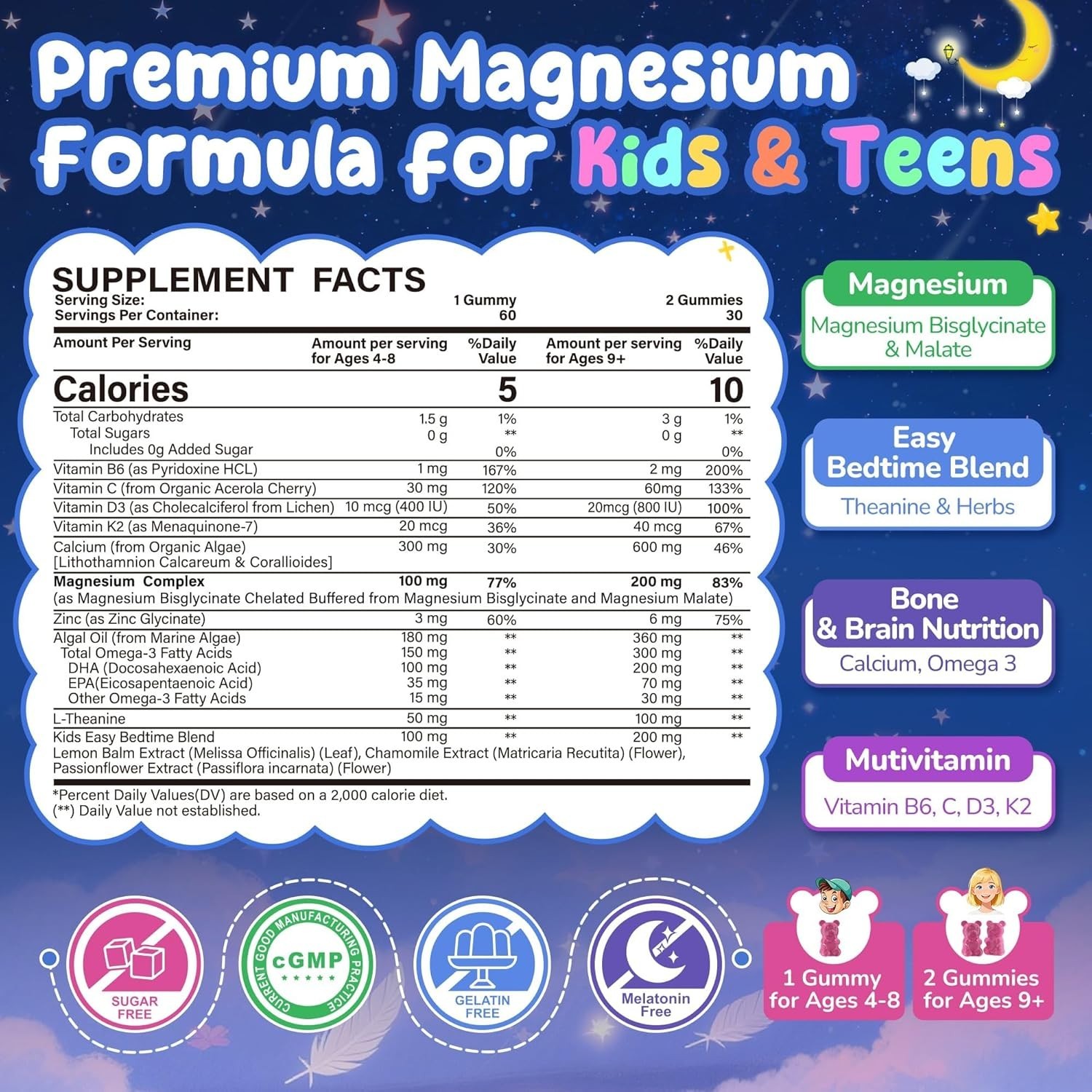 Kids Glycinate Magnesium Gummies + Calcium + Omega 3 – Melatonin Free Kids Sleep