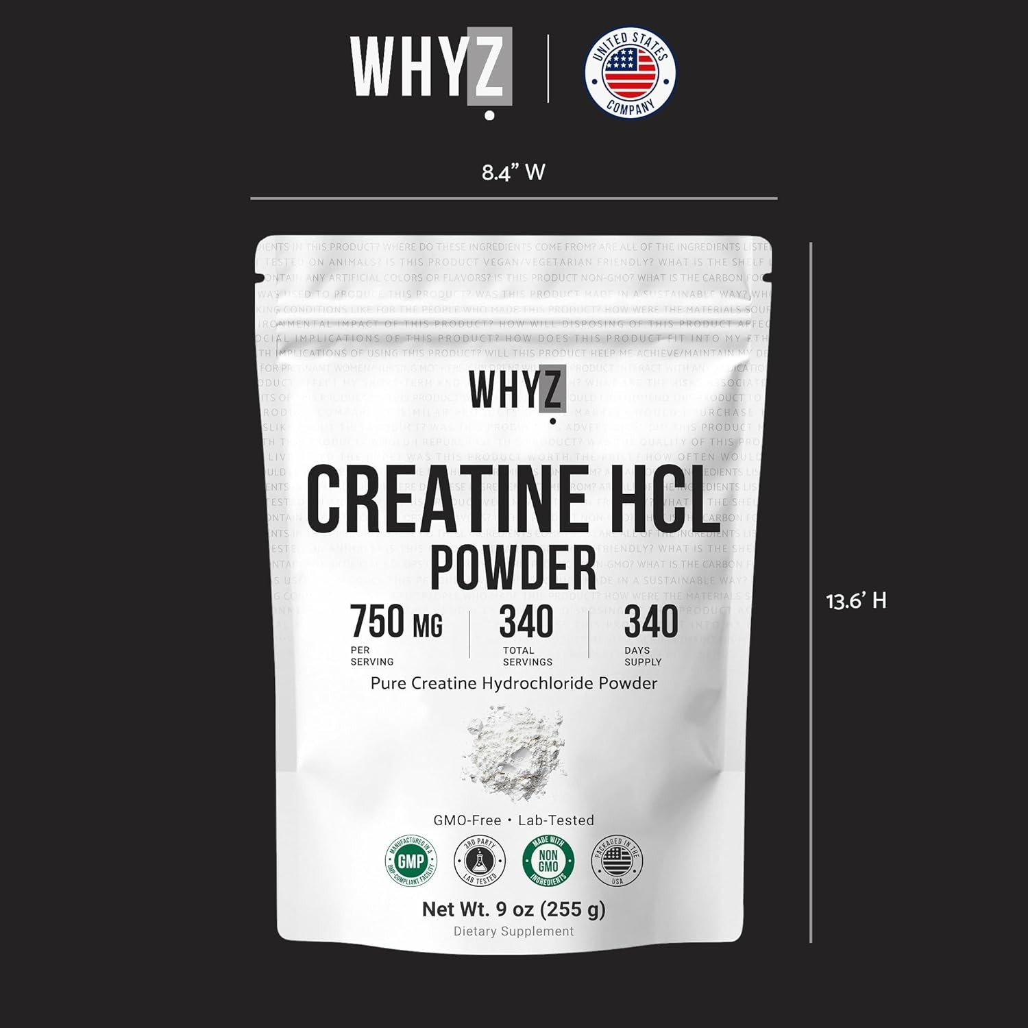 Whyz Pure Creatine HCL Powder Unflavored HCL Creatine Supplement Mix Non-GMO