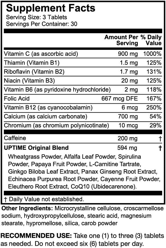 UPTIME Maximum Energy Tablets – Premium Blend – 325mg Natural Caffeine per Se…