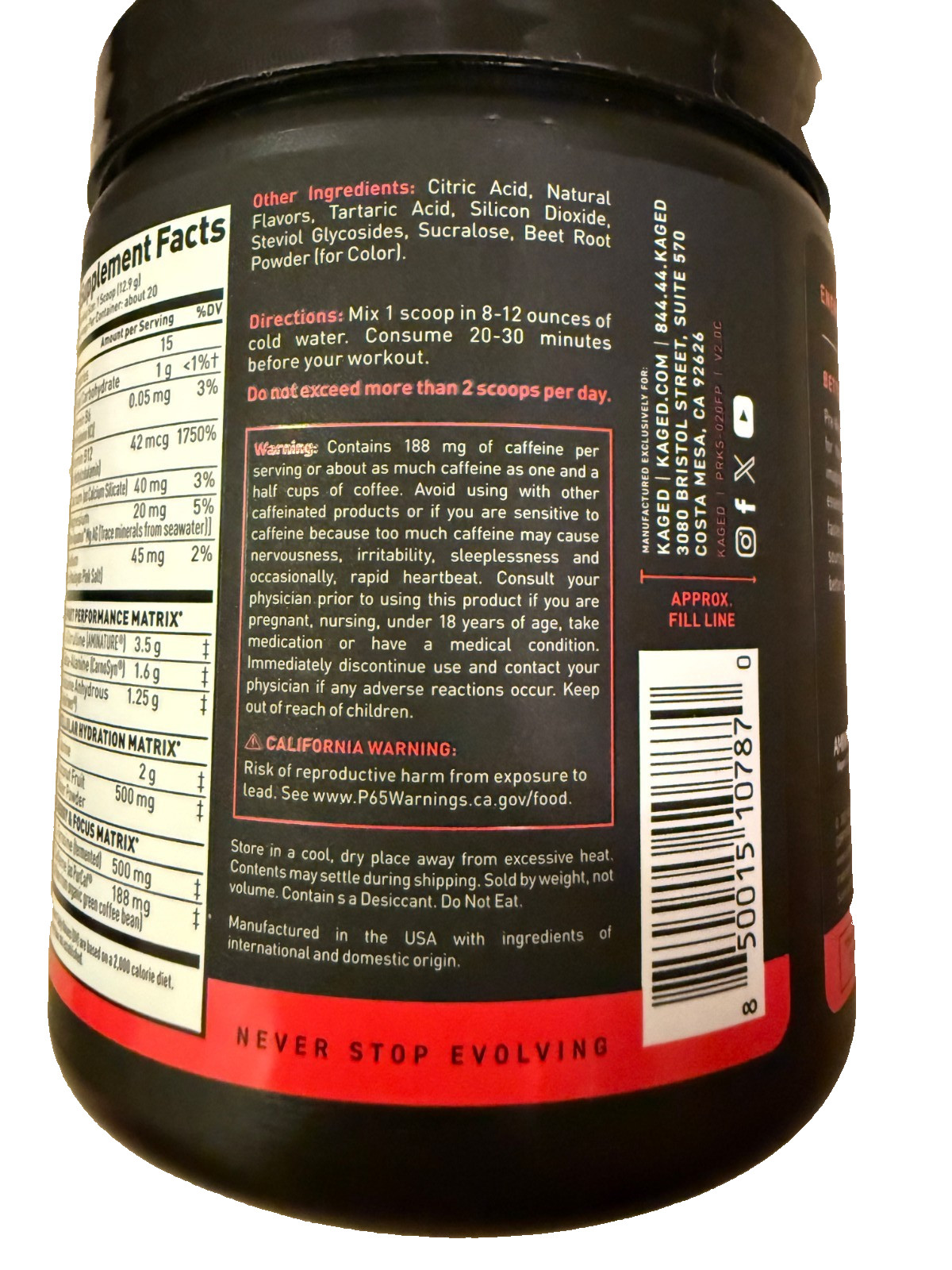 Kaged Pre-Workout Sport Fruit Punch 20 Servings 9.10oz New Sealed Exp 08/2027