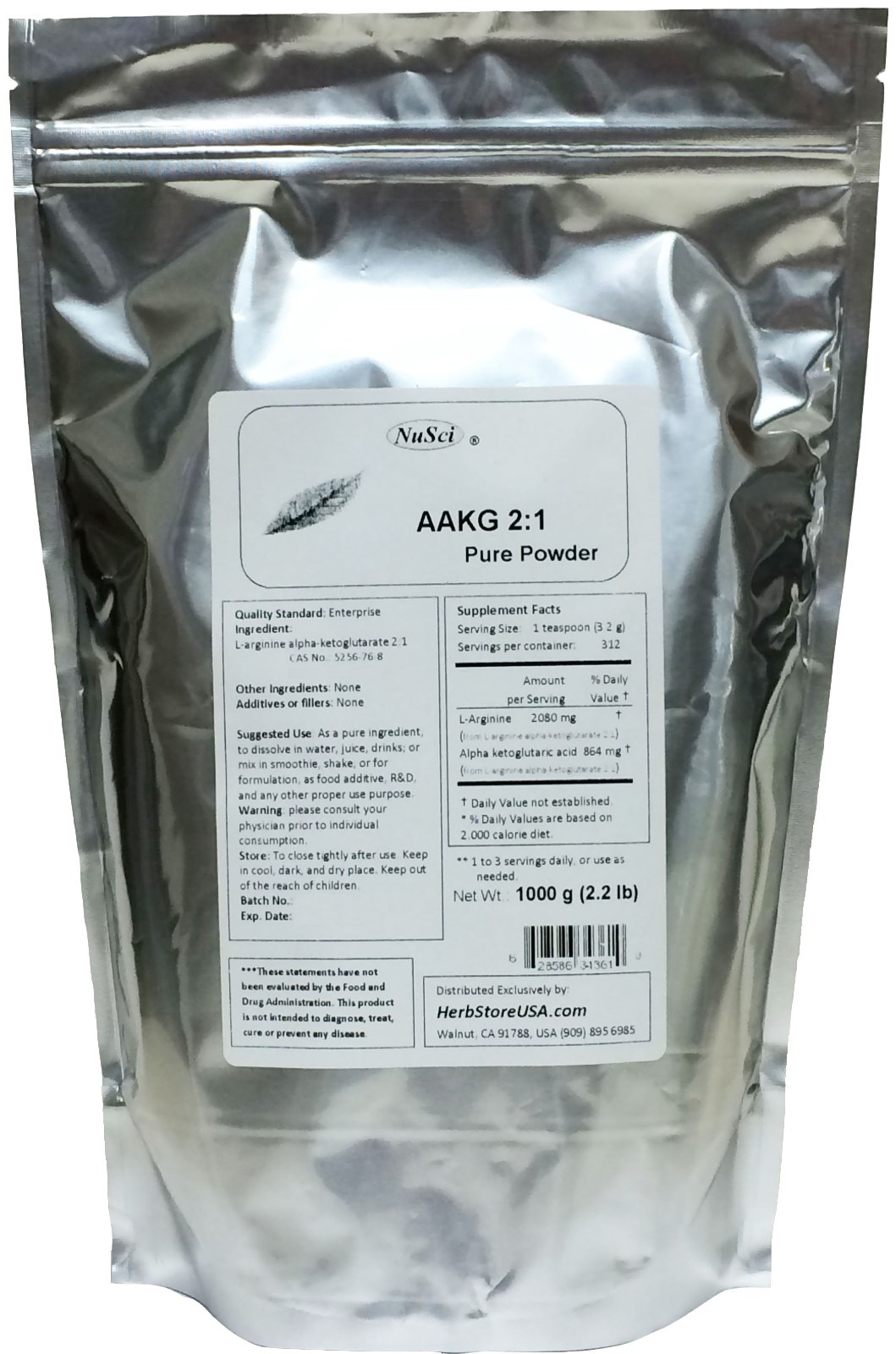 NuSci L-arginine alpha ketoglutarate AAKG 2:1 pure powder 1000g (2.2lb) energy