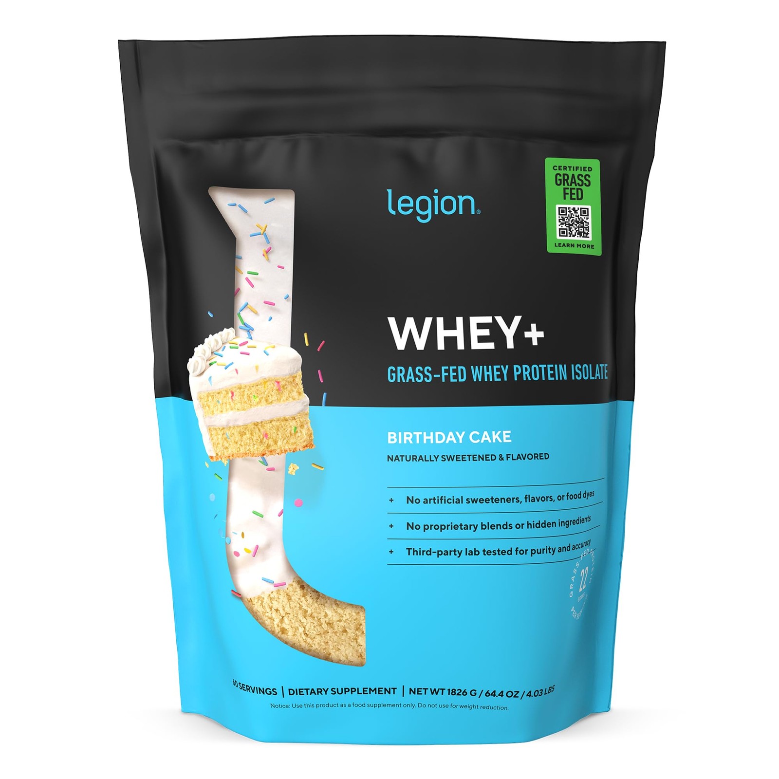 LEGION Whey+ Protein Whey Isolate from Grass Fed Cows Birthday Cake, 60 Servi…