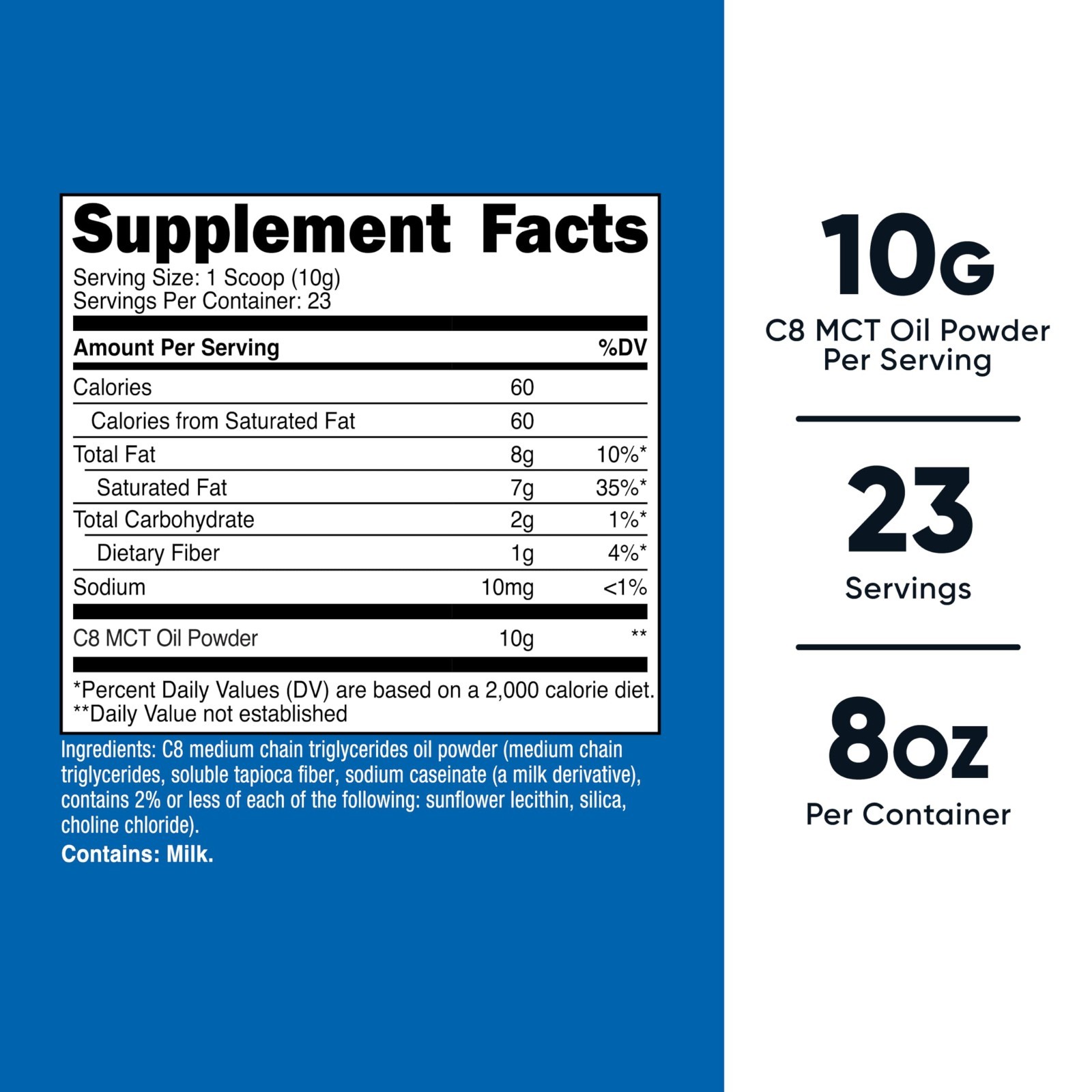 C8 MCT Oil Powder – 95% C8, 23 Servings (8oz) – Keto Friendly, Energy Boost
