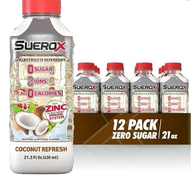 SueroX Coconut Refresh Electrolyte Drink 8 Ions for Hydration 21.3 Oz (12 Count)