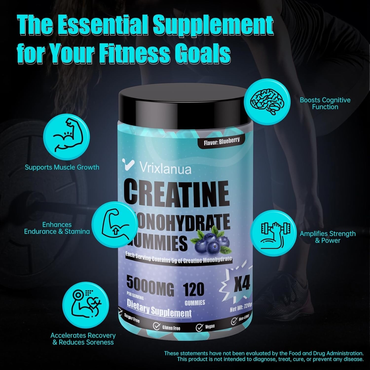 Creatine Monohydrate Gummies 5g Pure Muscle Strength Growth Sugar-Free BULK x120