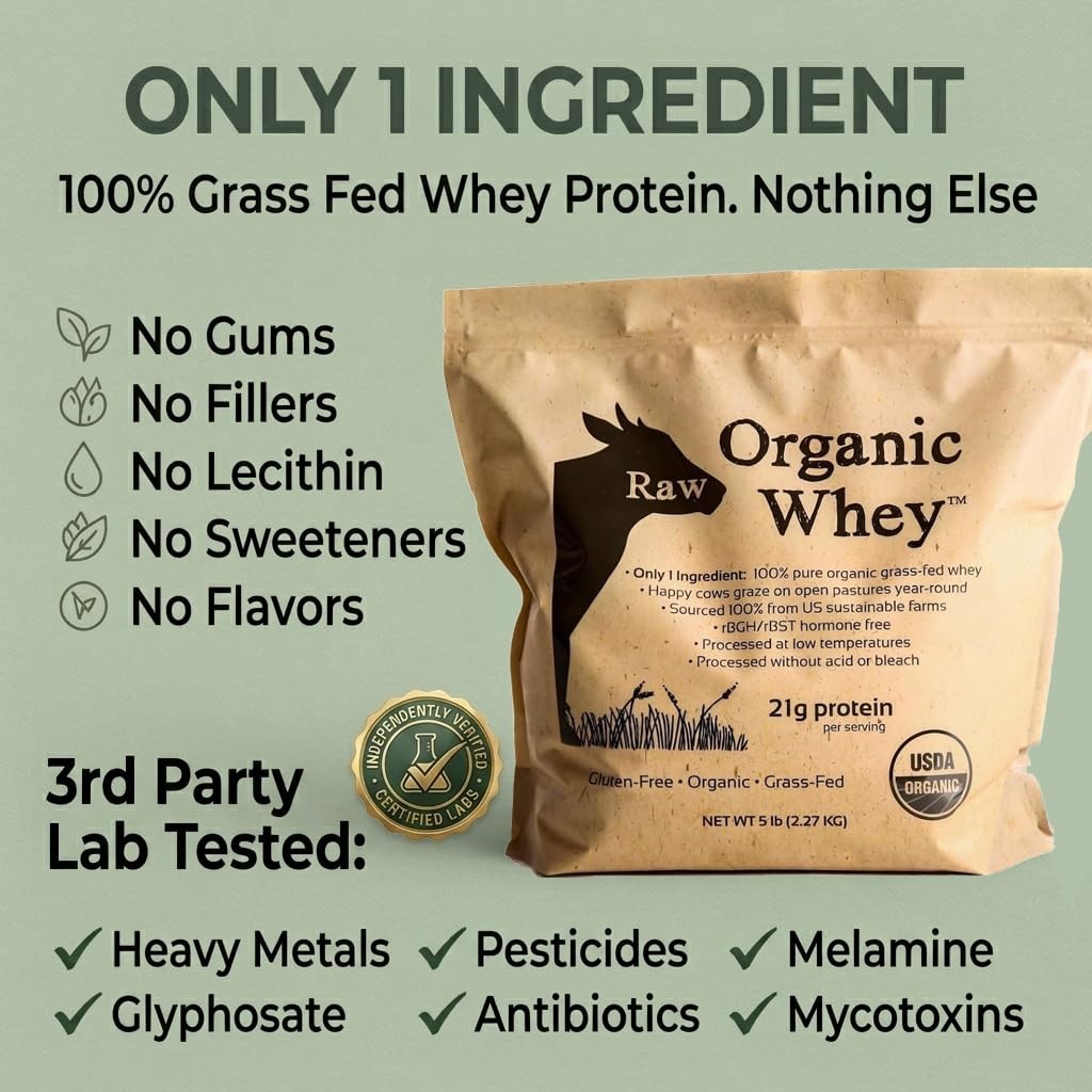 Raw Organic Whey Protein Powder, Grass Fed, Unflavored – 1 Ingredient, No Add…