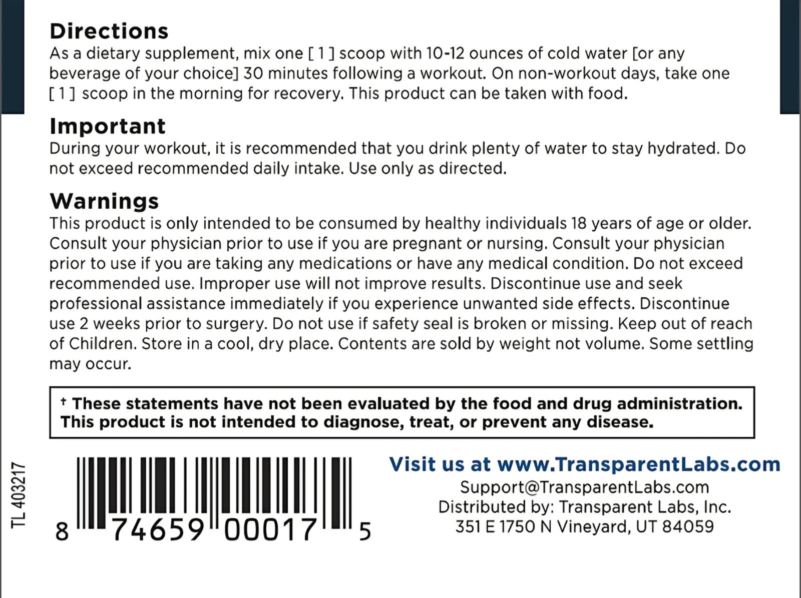 Transparent Labs Creatine HMB Unflavored 30 Servings Exp: 06/2027