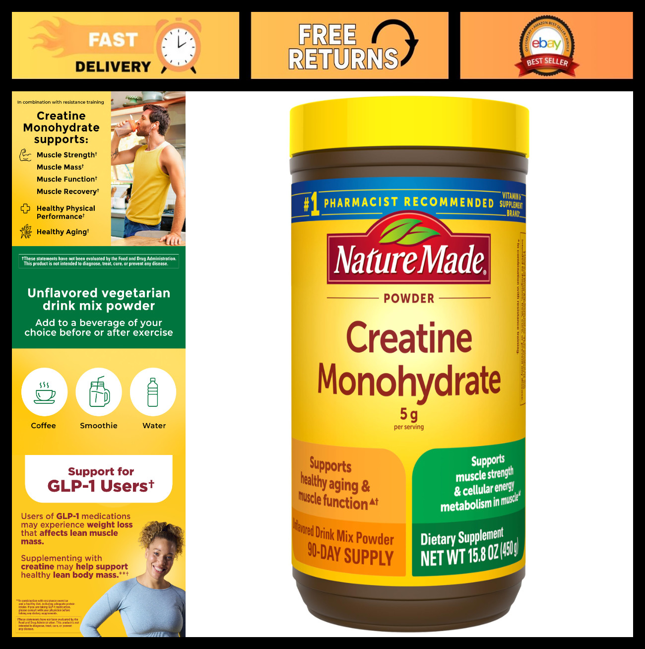 Micronized Creatine Monohydrate Powder 5g, Unflavored Muscle Support Drink Mix,