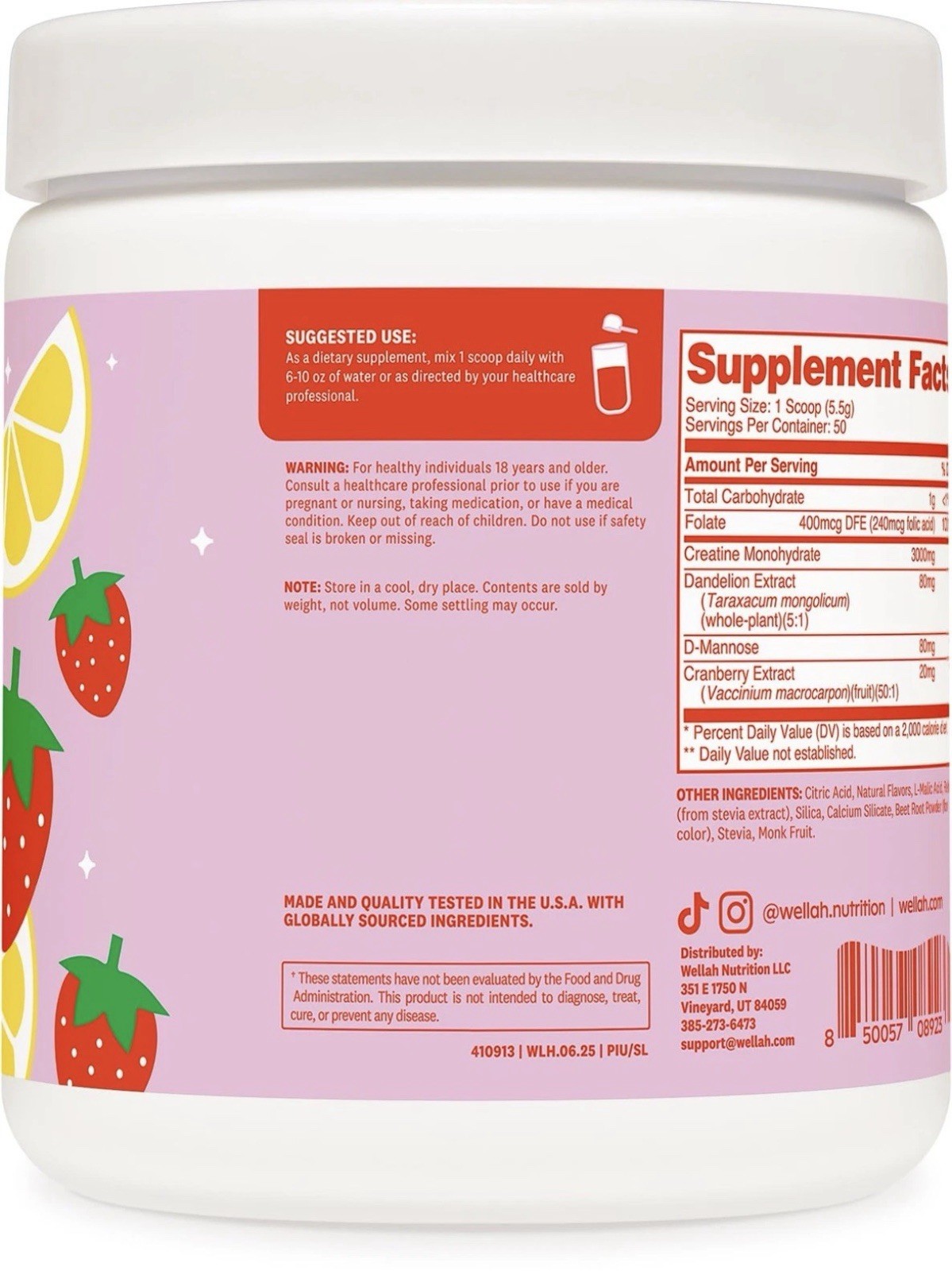 Wellah Creatine for Women 50 Servings, Strawberry Lemonade – 9.8oz Exp 5/29