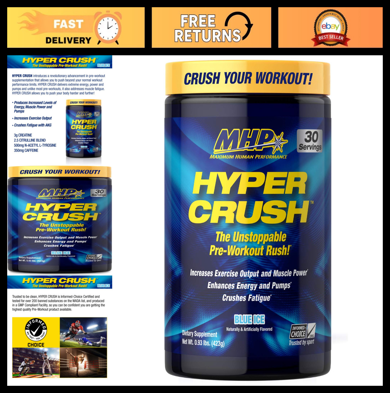 Pre Workout Powder with Creatine – Energy Boost, Blue Ice Flavor, 30 Servings