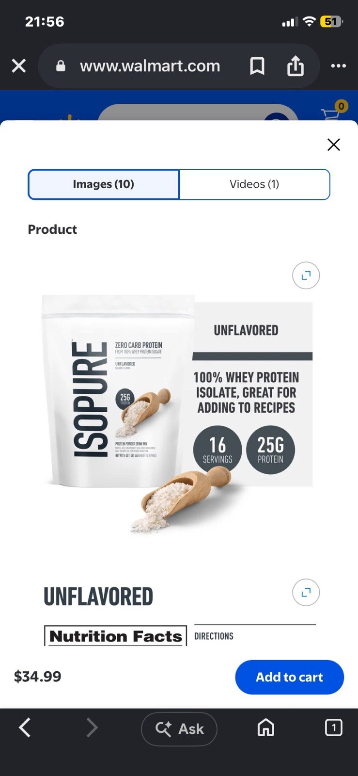Isopure Zero Carb Whey Protein Isolate Unflavored 1lb 25g Protein 16 Serv