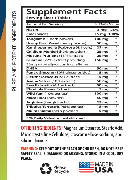 Male Vitality – Testosterone T785 – Guarana – Libido Booster – 1Bot 30Ct
