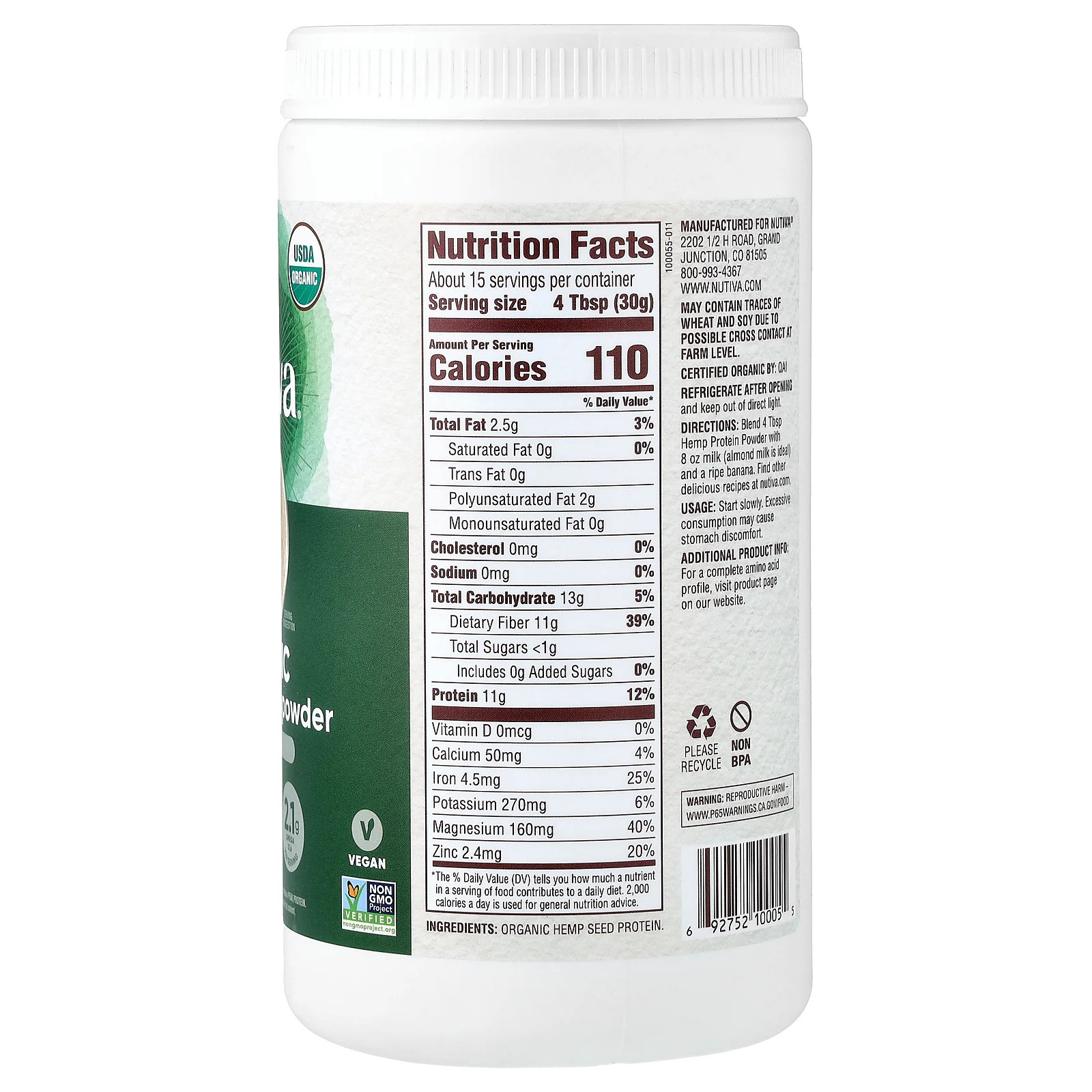 Nutiva Organic Superfood Hemp Protein Hi-Fiber 16 oz 454 g B Corp, BPA-Free,
