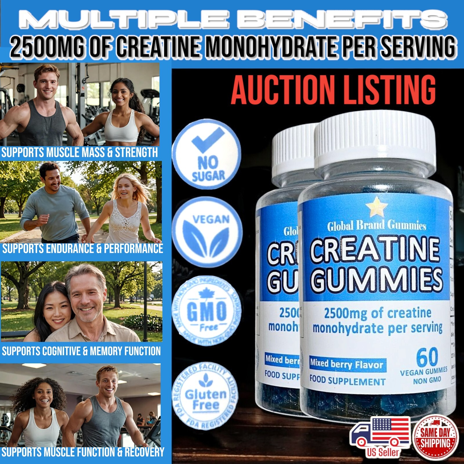 2 x Bottle Lot CREATINE GUMMIES 2500MG Creatine Monohydrate 120 Ct Auction