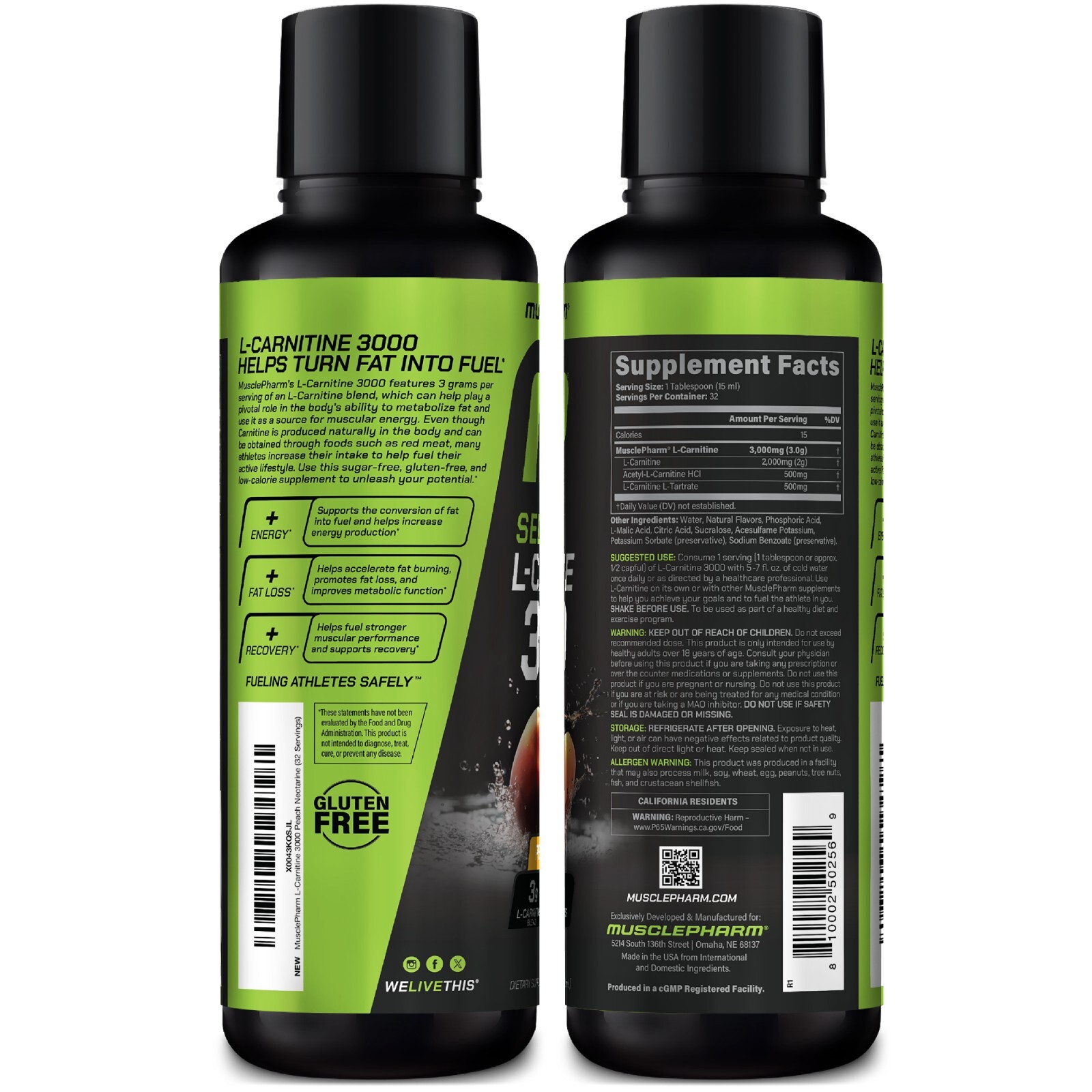 MusclePharm High Performance Liquid L-Carnitine 3000 Peach Nectarine 32 Servings