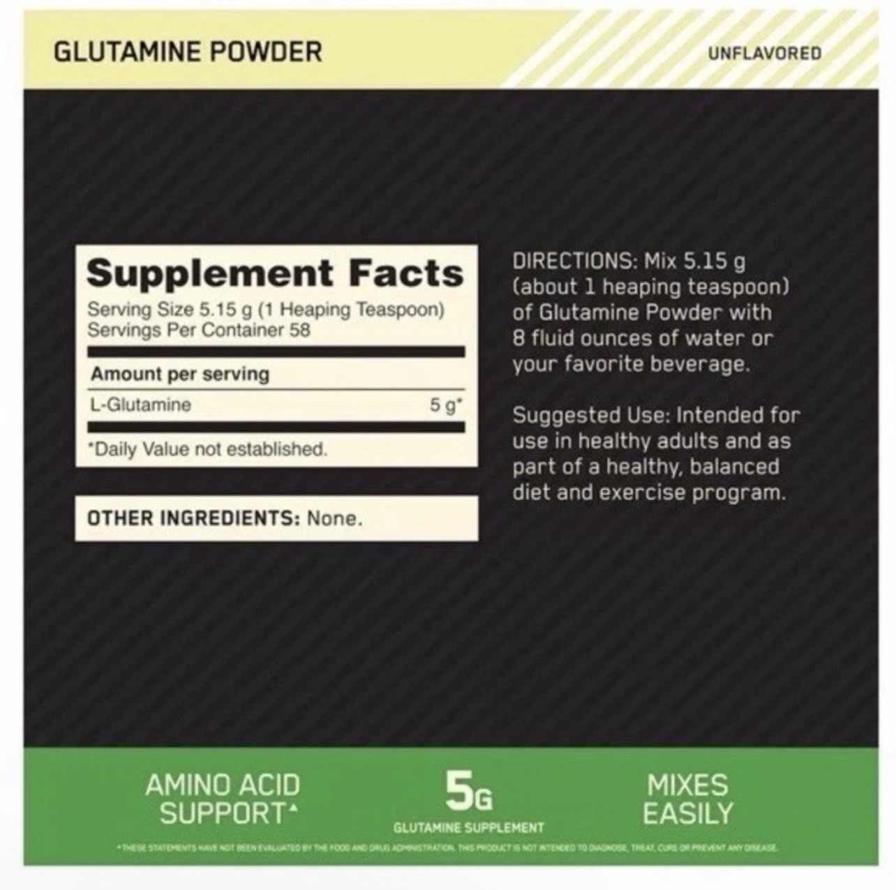 Optimum Nutrition Glutamine Powder Unflavored 10.58 oz 300 g Exp 05 12 2028
