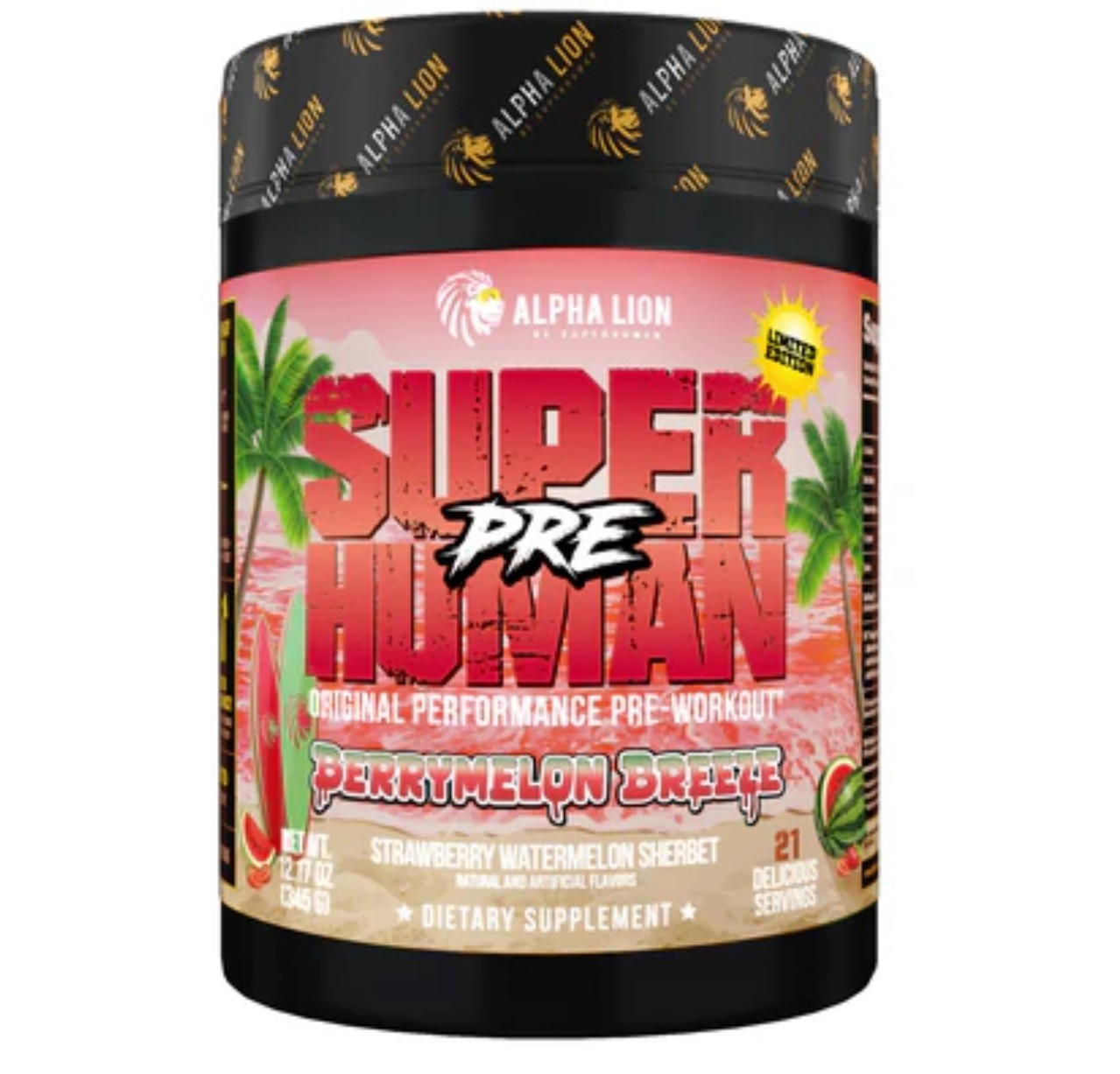 Alpha-Lion SUPERHUMAN PRE-WORK 12 oz (21 Serv) Berry Melon Breeze BEST BY 10/26