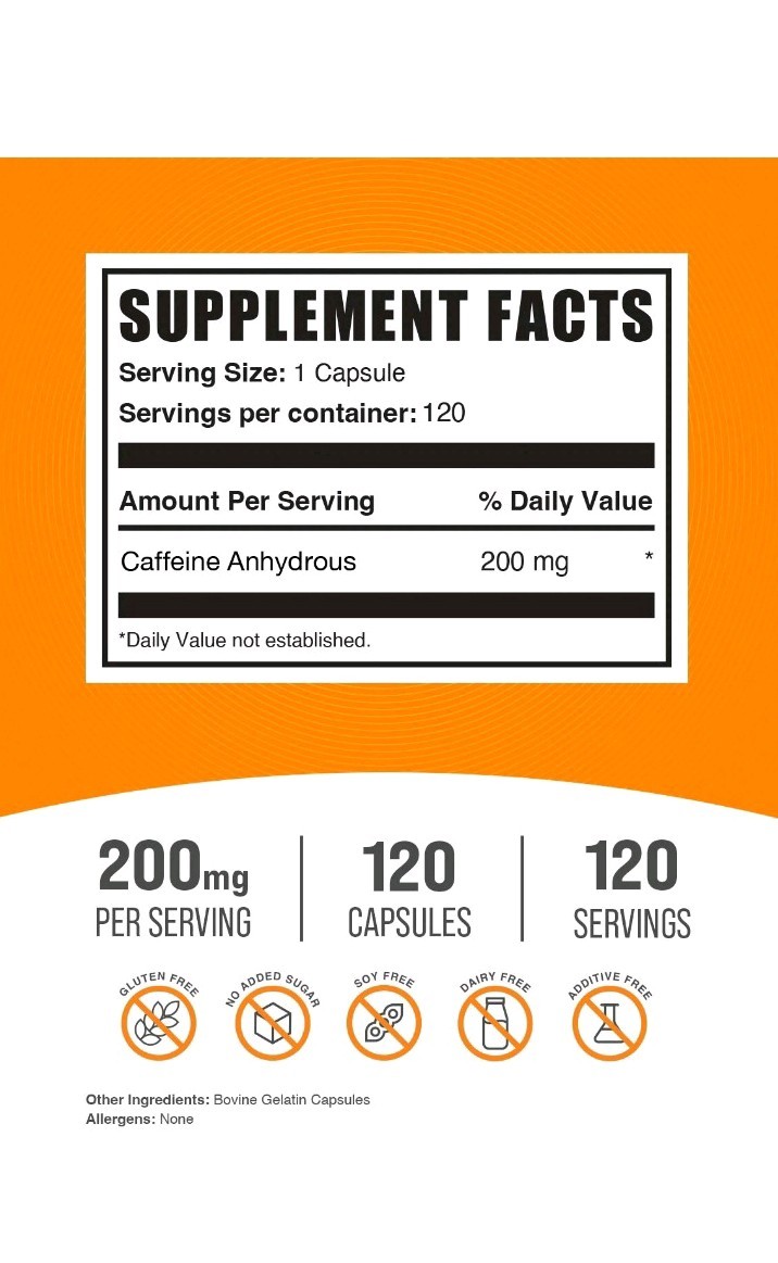 BulkSupplements Caffeine Capsules (200 mg) 120ct – 200mg Per Serving Exp 8/31/26