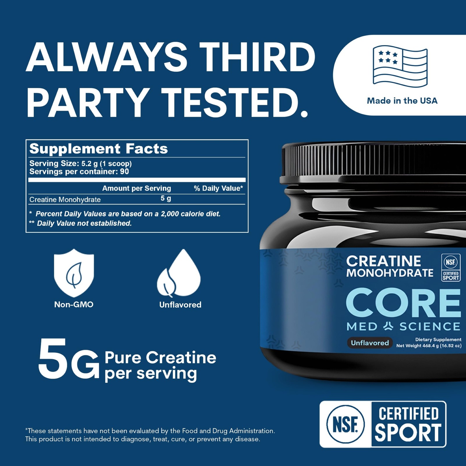 Core Med Science Creatine Monohydrate Powder 90 Servings – NSF Certified for …
