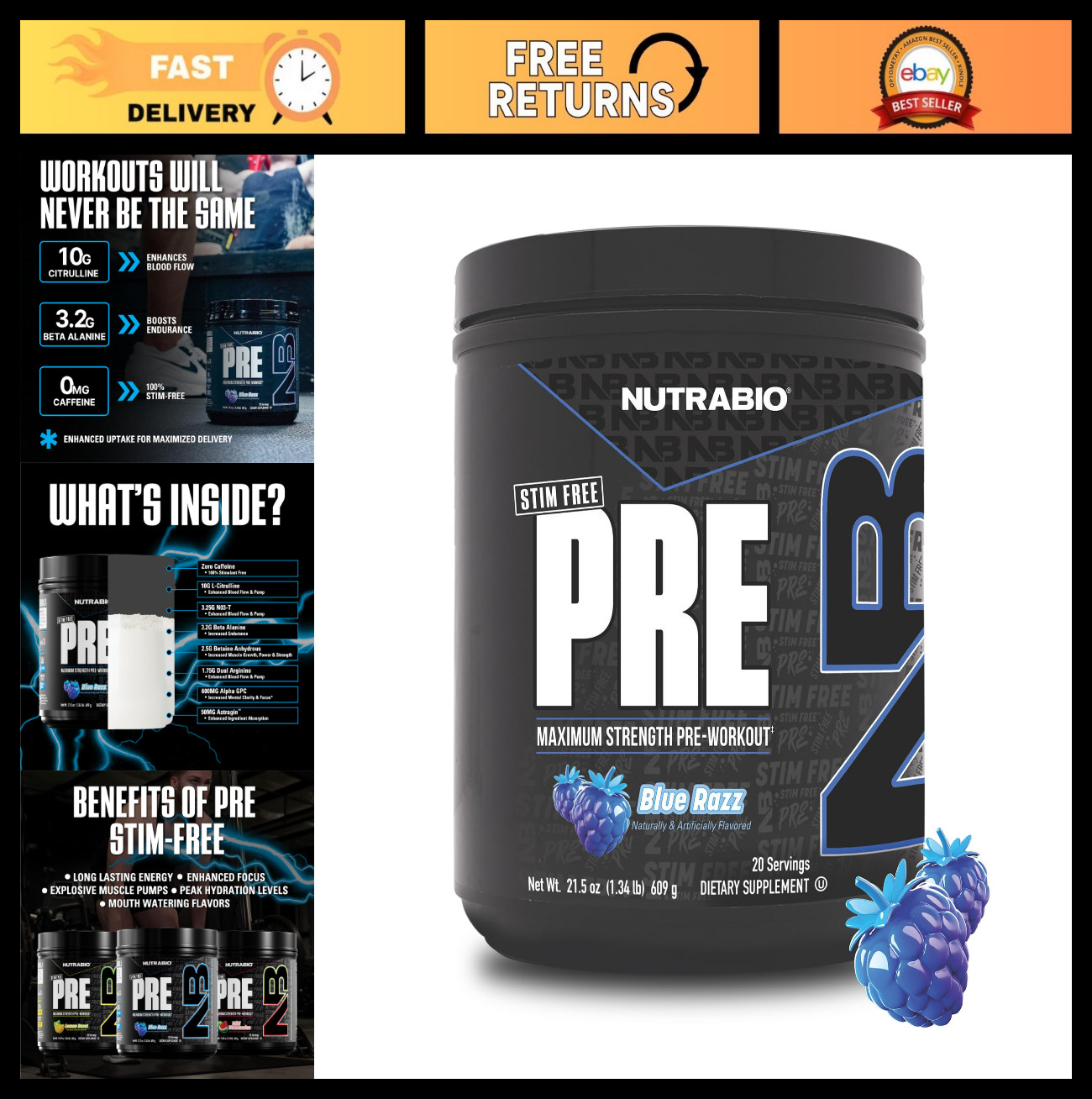 Stim-Free Pre Workout Powder – Non-Stimulant Energy, Focus & Pumps – 20 Servings