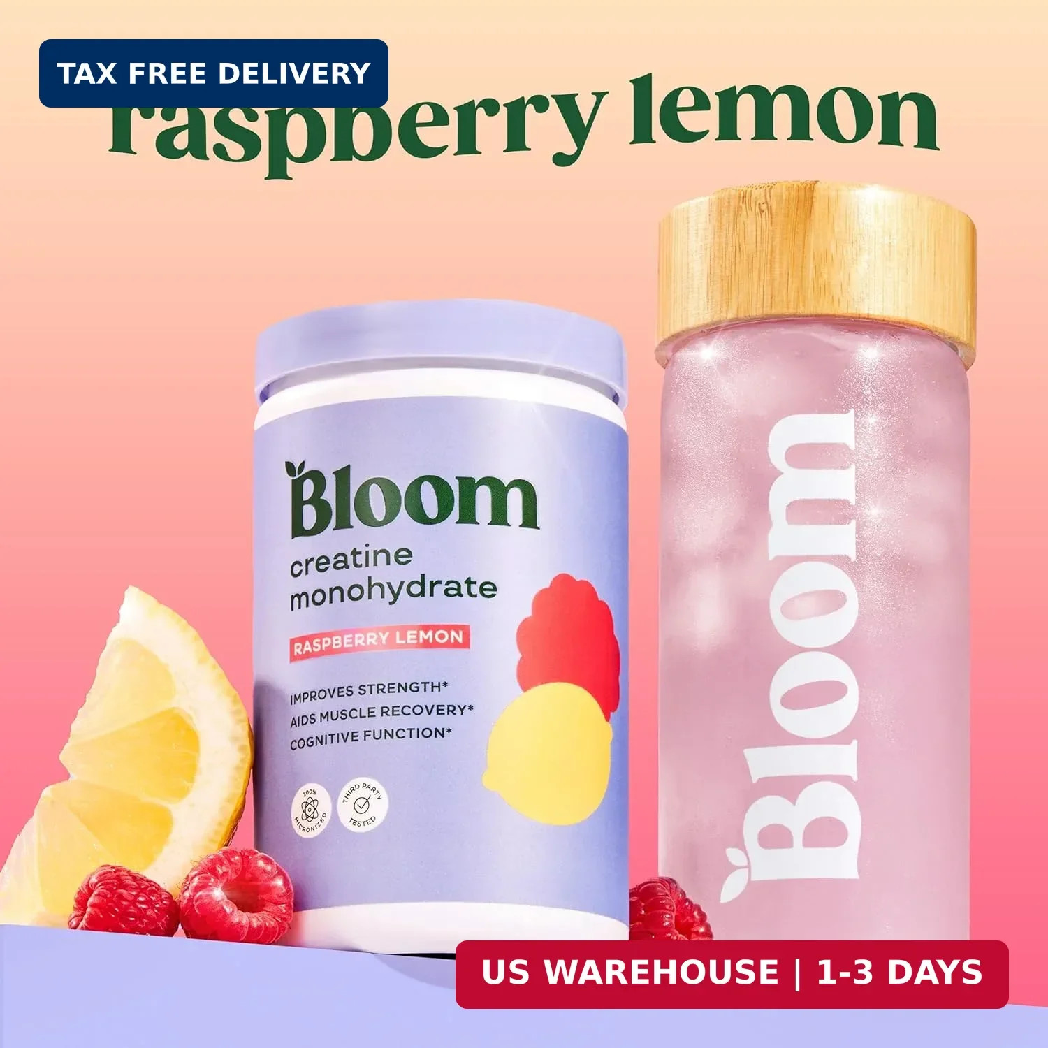 Bloom Nutrition Creatine Monohydrate Powder, Raspberry Lemon, 40 Servings | 5g M