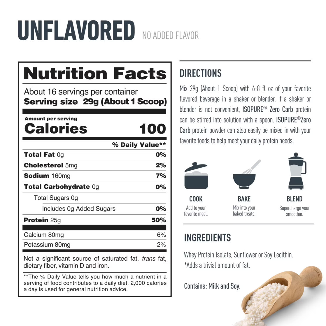 Isopure Zero Carb 100% Whey Protein Isolate Unflavored Protein Powder, 25g, 16 S