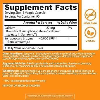 All Natural Sinuses Relief Serrapeptase 40,000 SPU (90 Caps)