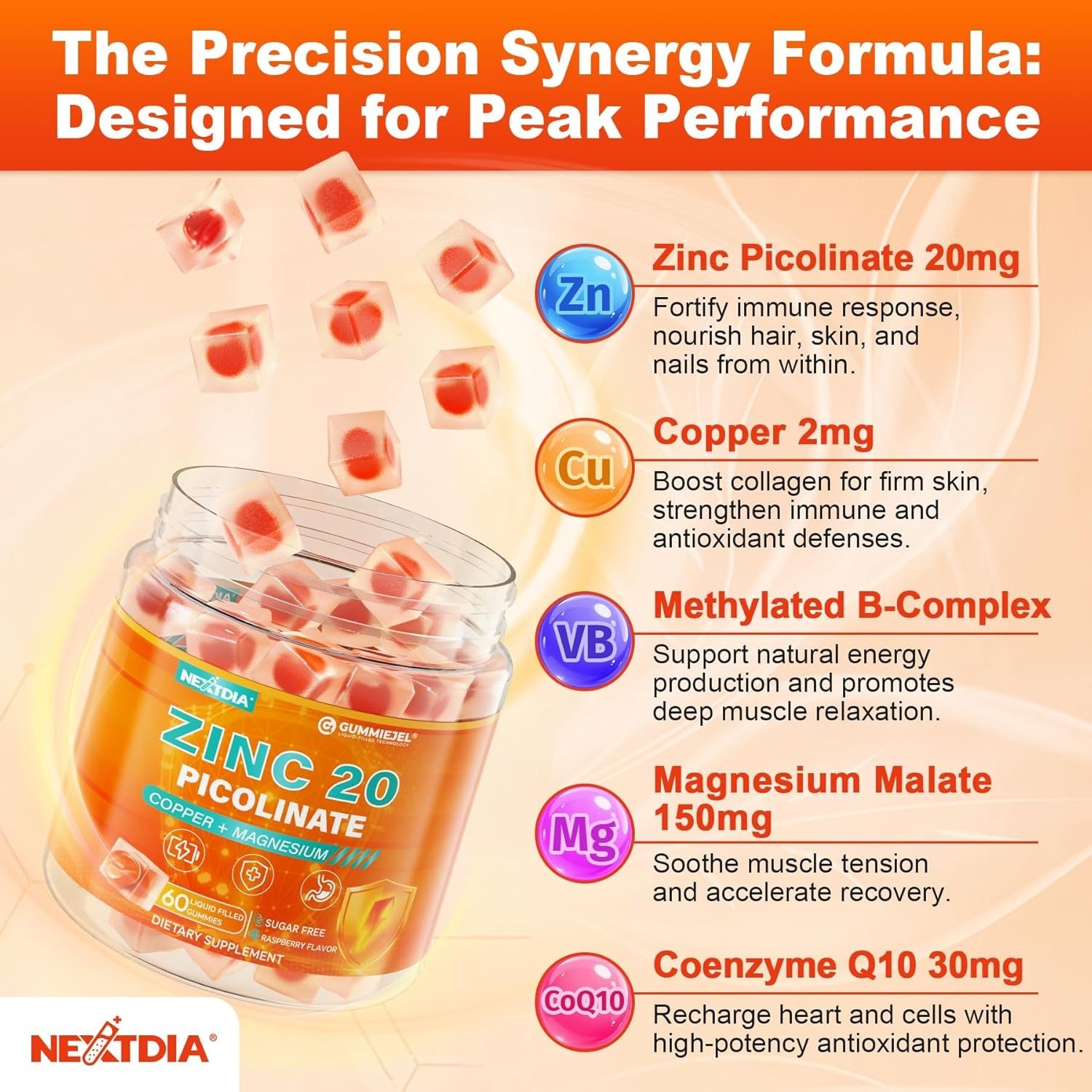 Zinc Picolinate Gummies, Chelated Organic Zinc 20mg + Copper 2mg Supplements