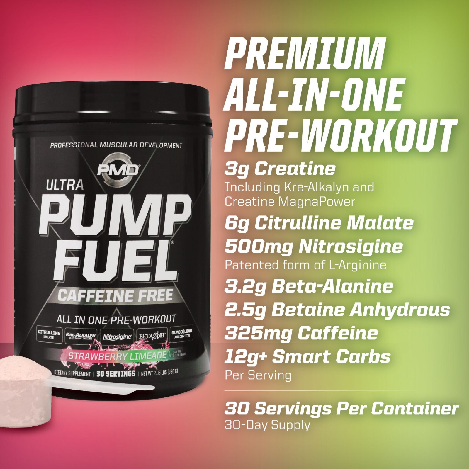 PMD SPORTS PUMP FUEL ULTRA-CAFFEINE FREE – STRAWBERRY LIMEADE (30 servings)