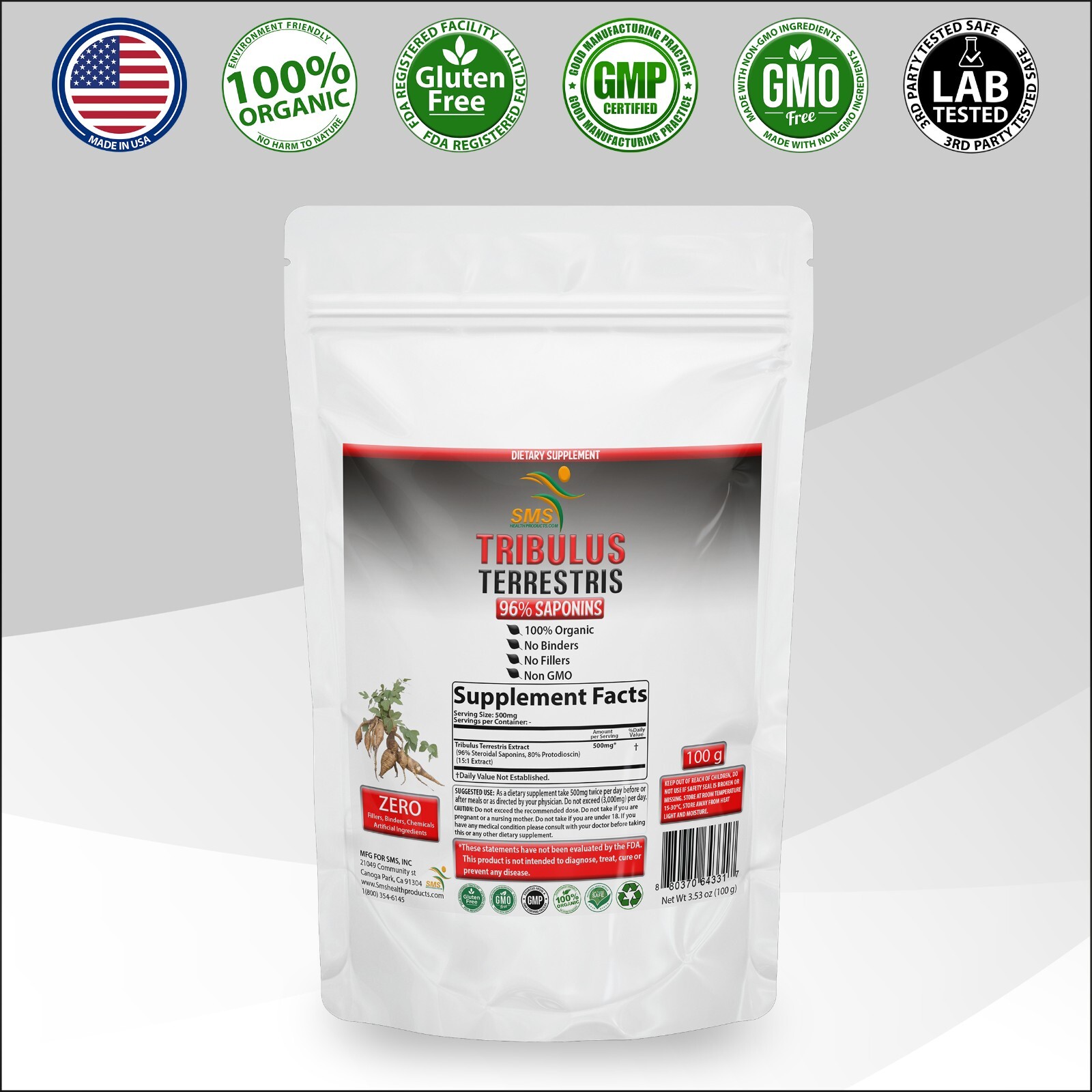 Tribulus Terrestris Test Booster, Energy Boost 96% Saponin Organic 100g Powder