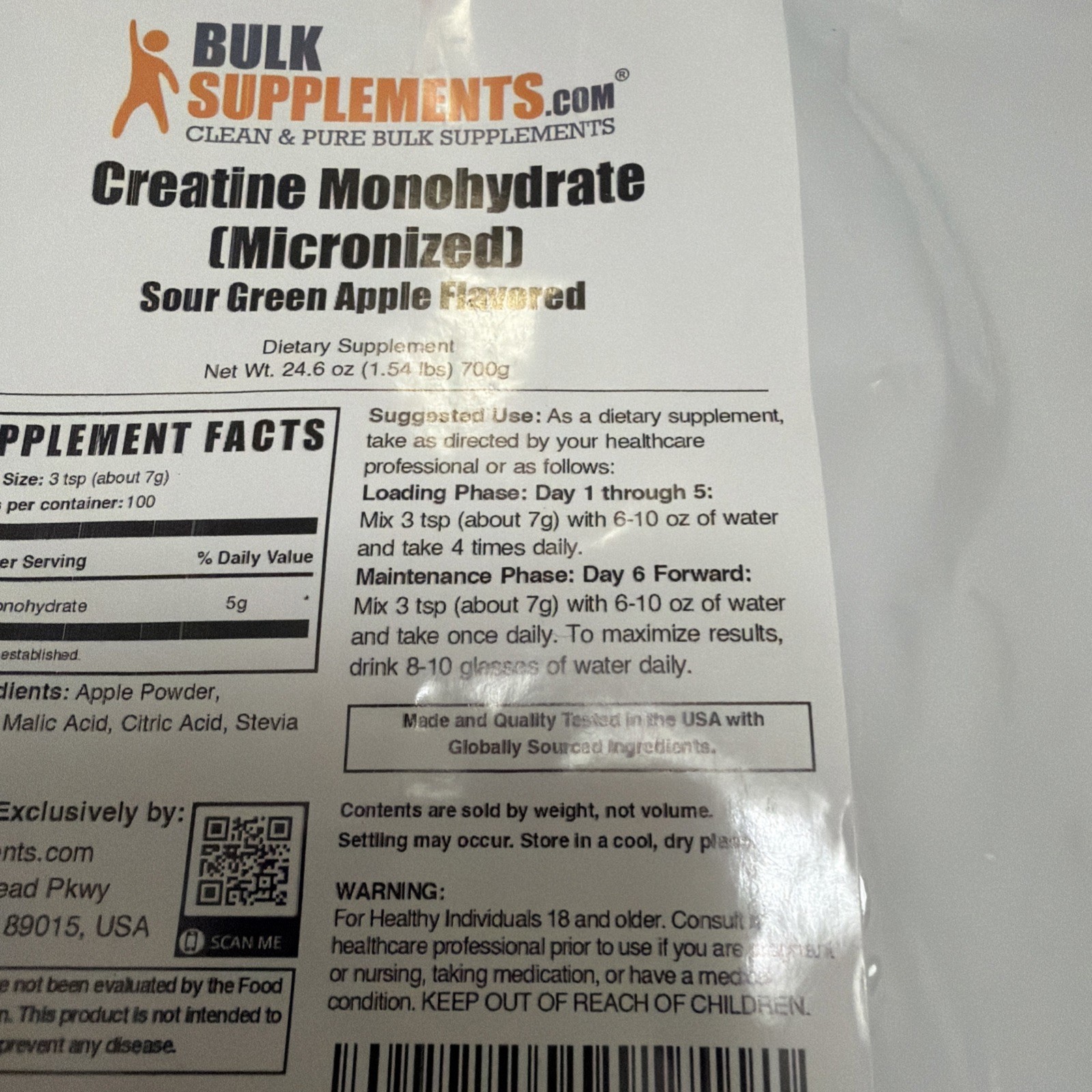 Bulk Supplements Creatine Monohydrate Sour Green Apple Flavored 24.6oz BRAND NEW