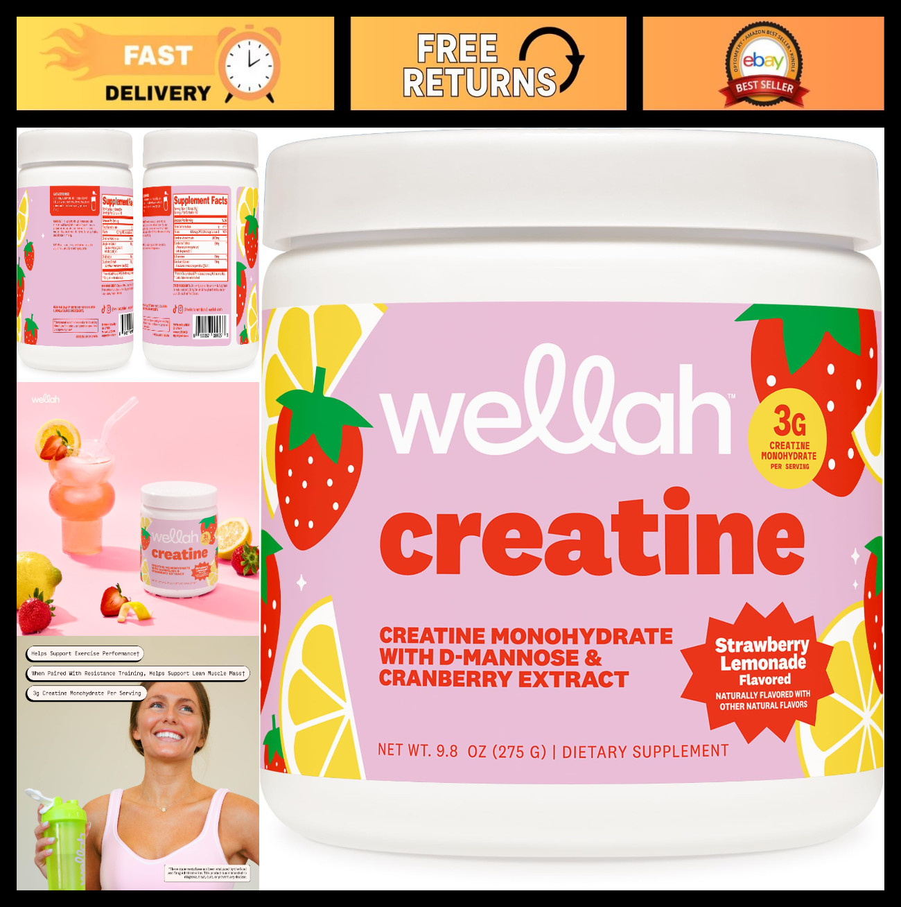 Creatine Monohydrate for Women – Strawberry Lemonade Flavor, 50 Servings, Dandel