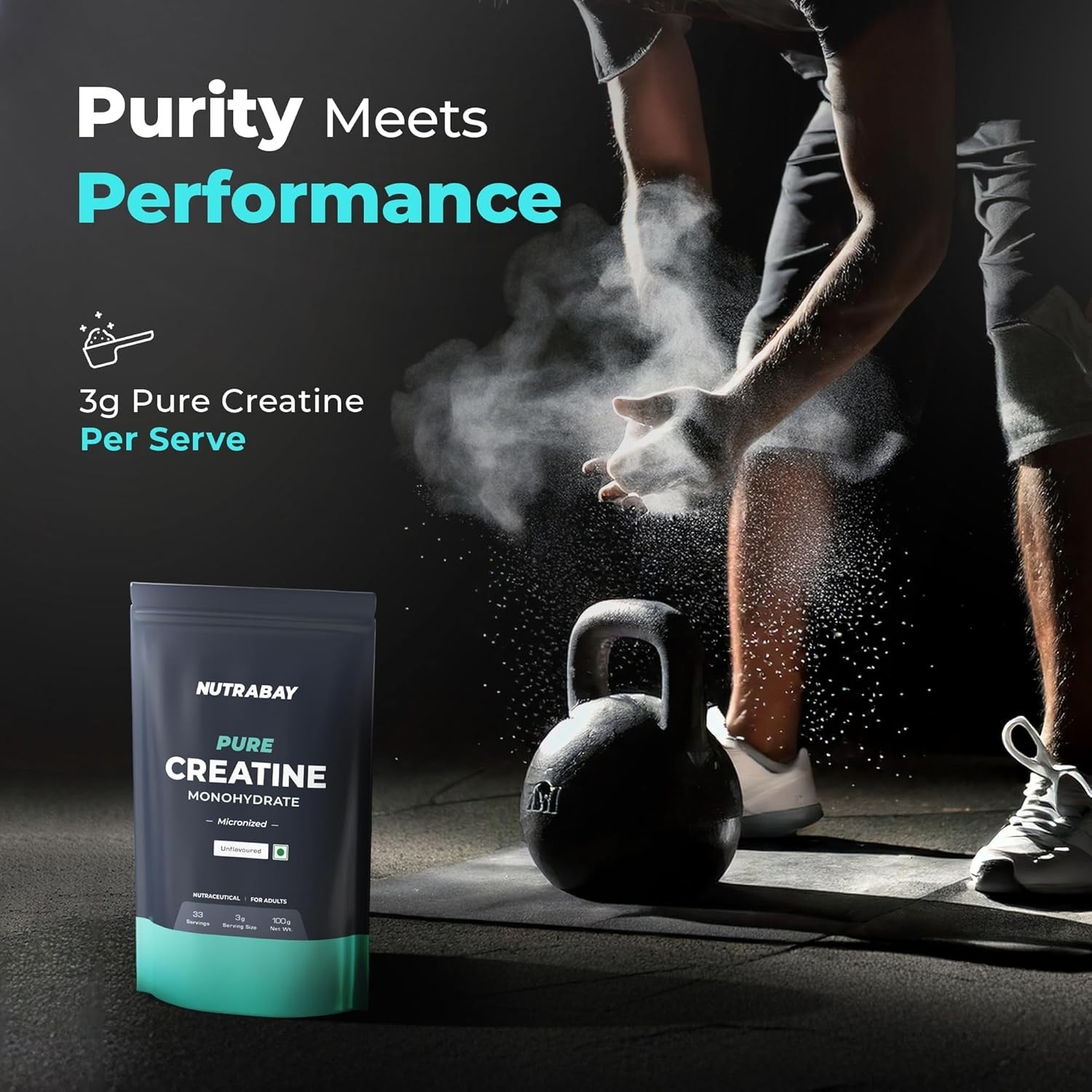 Pure Micronised Creatine Monohydrate Powder 3000 mg/Serving (100g, Unflavoured )