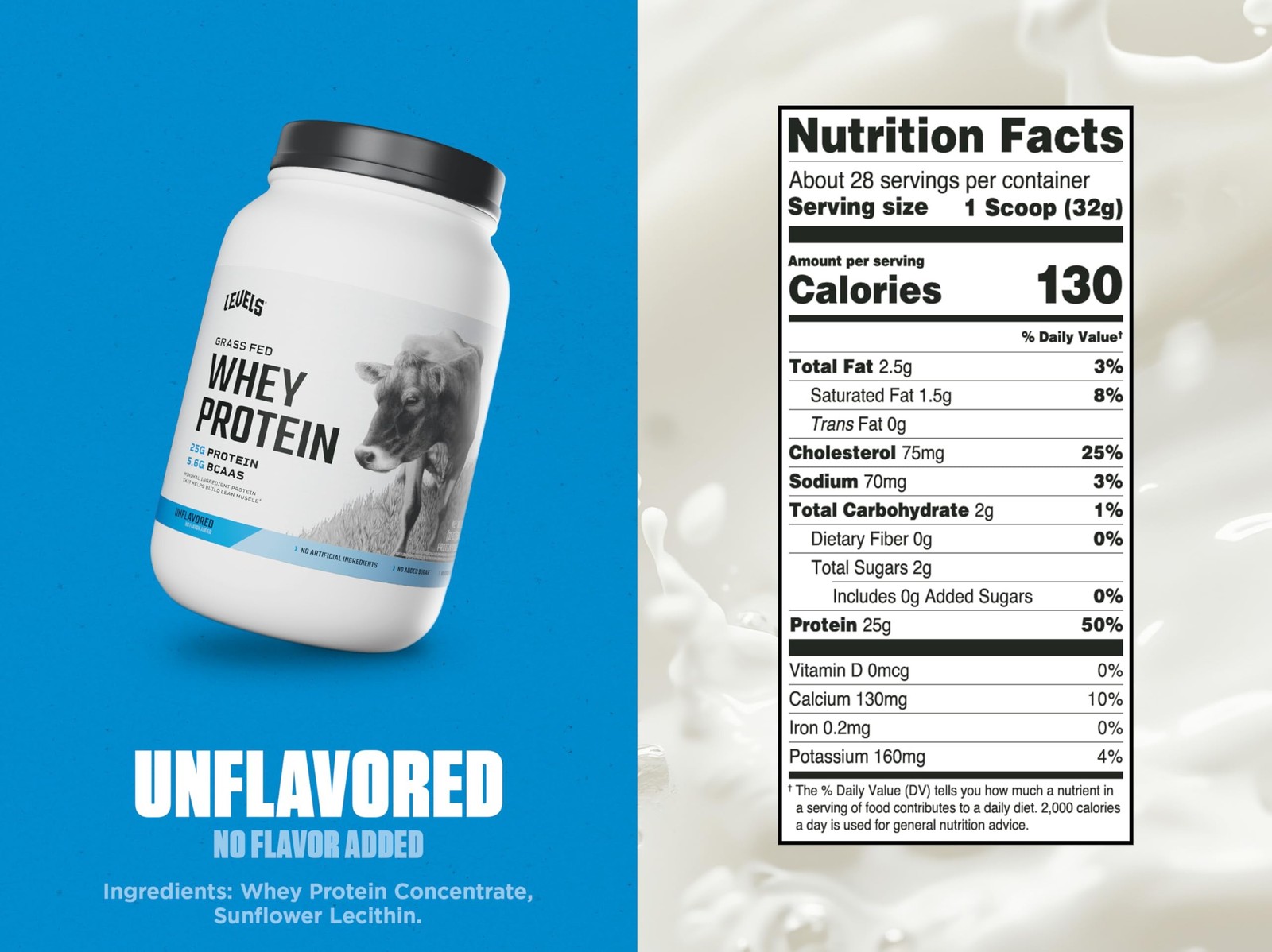 Levels Grass Fed Whey Protein Powder, No Artificials, 25G of Protein, Unflavo…