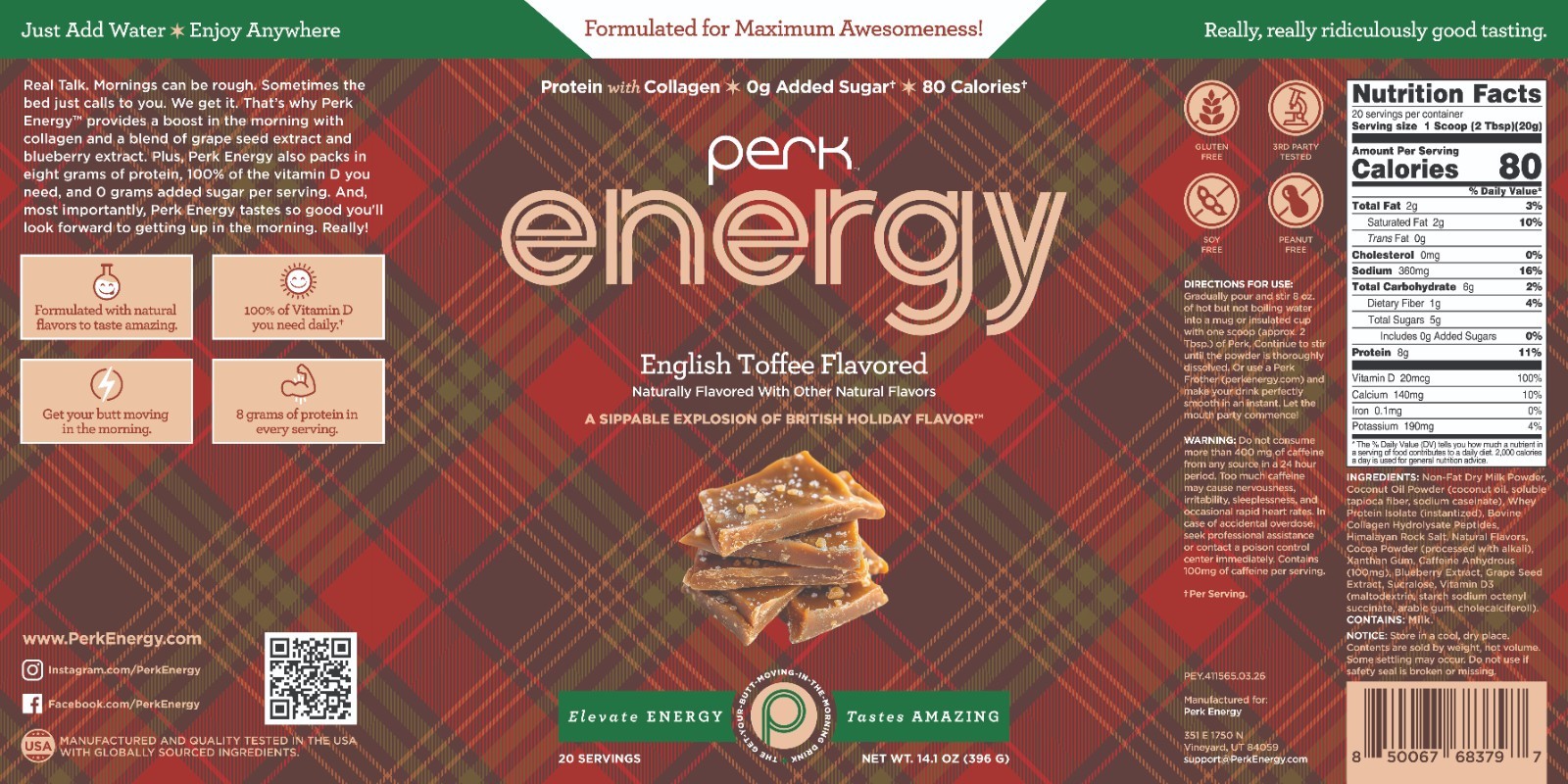 Perk Energy Original Drink Mix (English Toffee) Holiday Edition – 100mg Caffeine