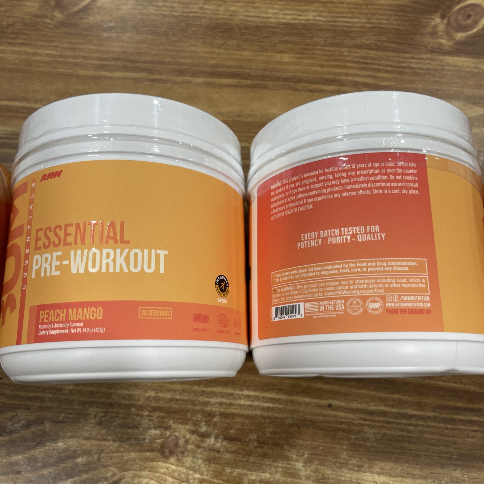 (2) RAW Essential Pre Workout Powder Peach Mango 30 Servings/423g X 2 Packs