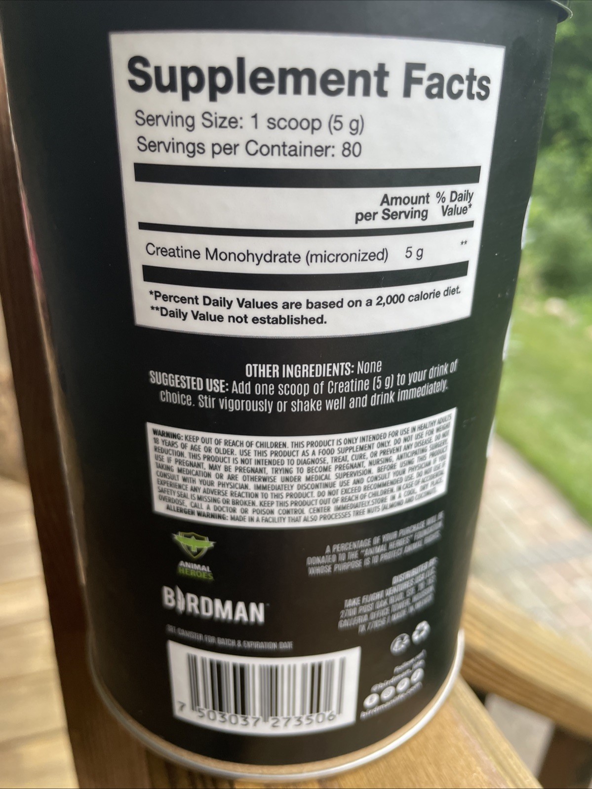 Birdman Creatine Monohydrate Unflavored Vegan Protein 80 Servings