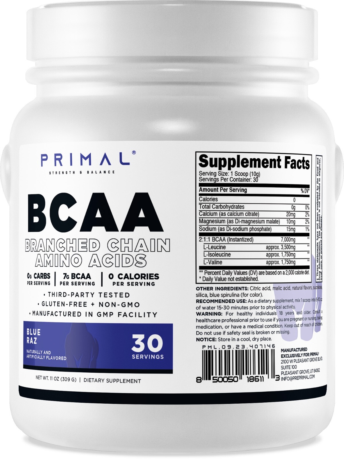 Primal BCAA Powder Blue Raz (30 SERV) (Blue Raspberry Flavored) – 0 g Carbs