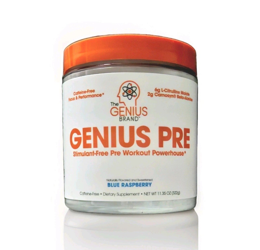 Genius Pre Workout – Blue Raspberry – 11.35 oz Caffeine-Free USA Made Exp. 2026
