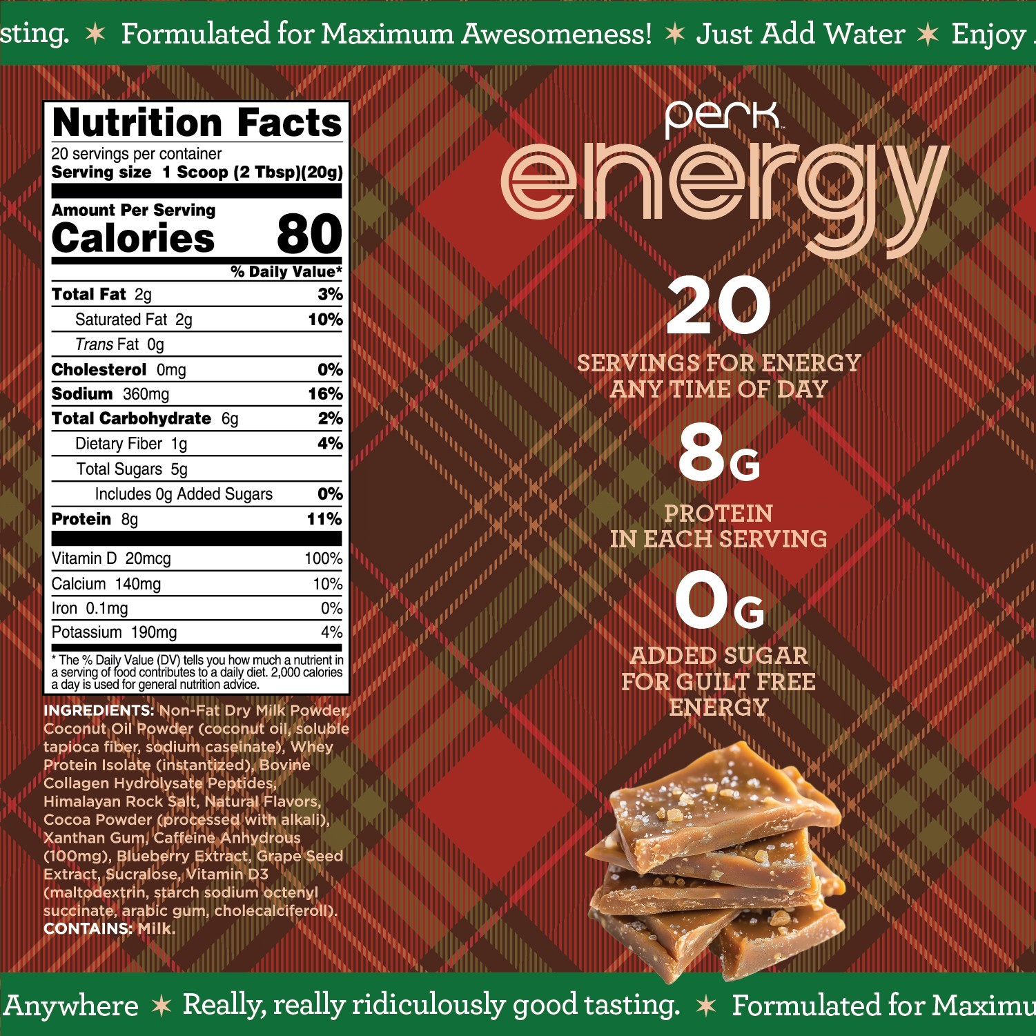 Perk Energy Original Drink Mix (English Toffee) Holiday Edition – 100mg Caffeine