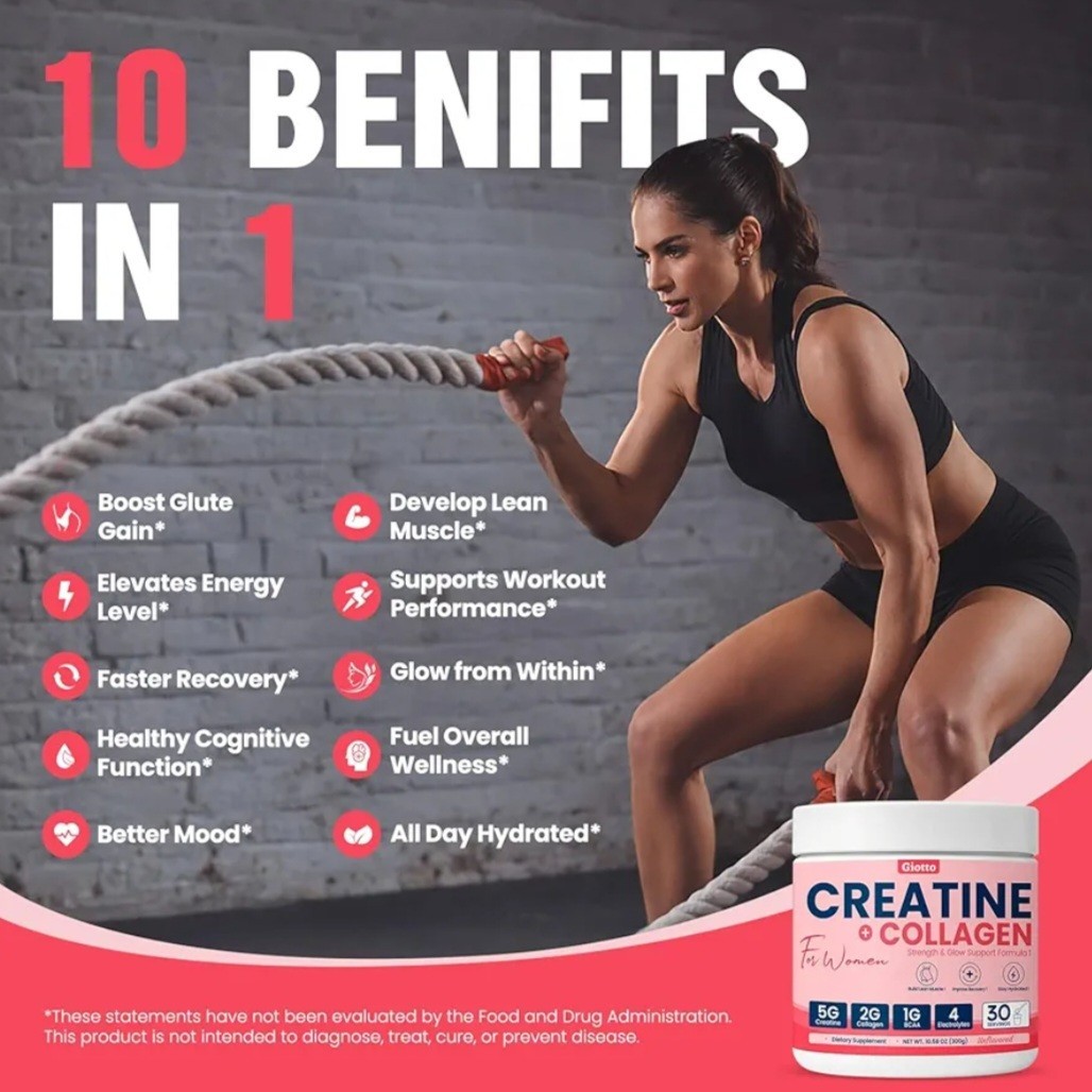 Giotto Creatine for Women Micronized Monohydrate Powder Collagen BCAAs 30 Serve
