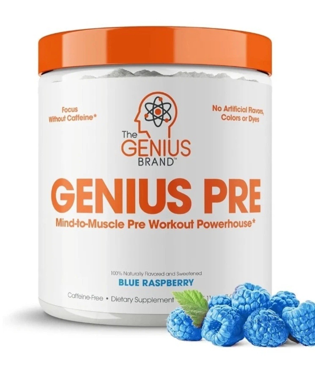 Genius Pre Workout – Blue Raspberry – 11.35 oz Caffeine-Free USA Made Exp. 2026