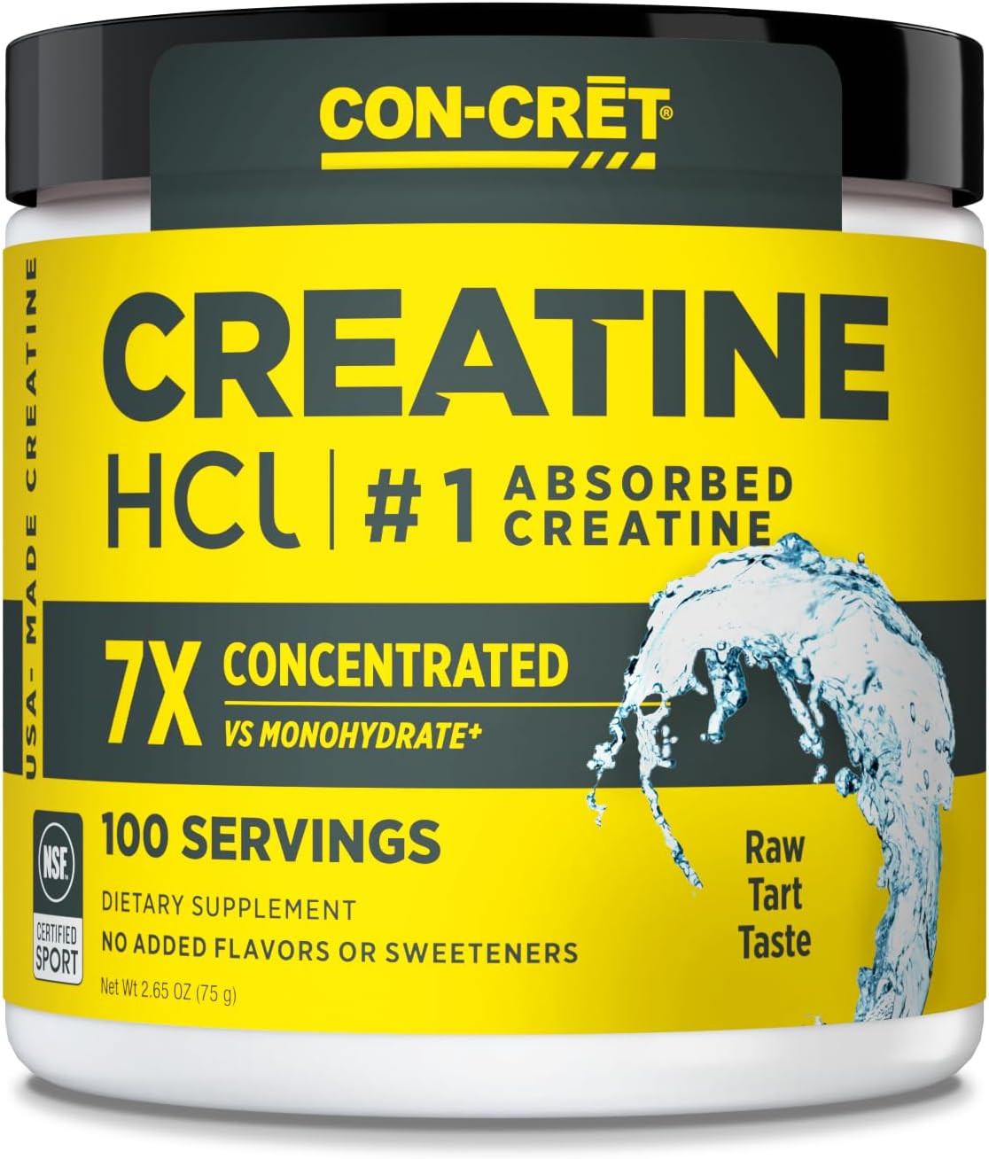 CON-CRET Creatine HCl Powder Unflavored 100 Servings NSF Certified USA Made
