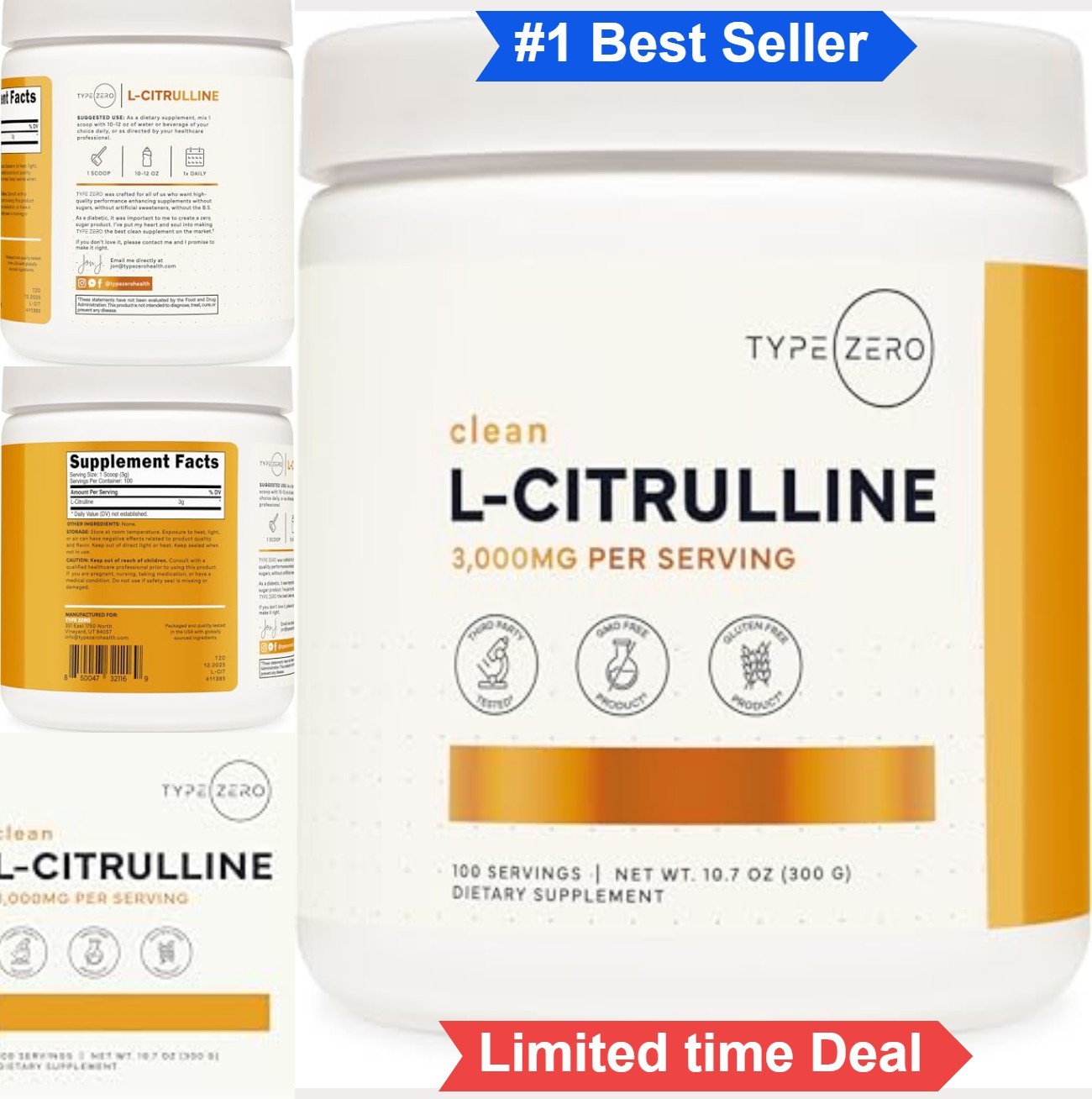 L-Citrulline Powder 3000mg Unflavored 100 Servings Pre Workout Supplement