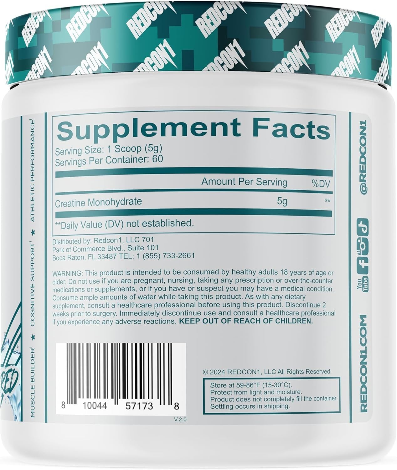 Redcon1 Creatine Monohydrate Unflavored 60 Servings 300 Grams 10.58oz 07/2027