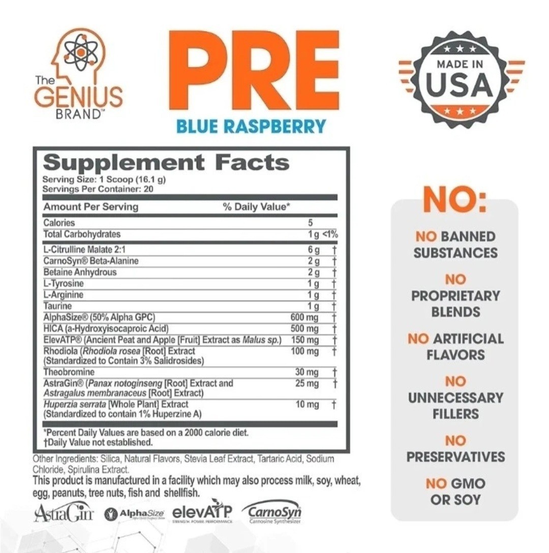 Genius Pre Workout – Blue Raspberry – 11.35 oz Caffeine-Free USA Made Exp. 2026