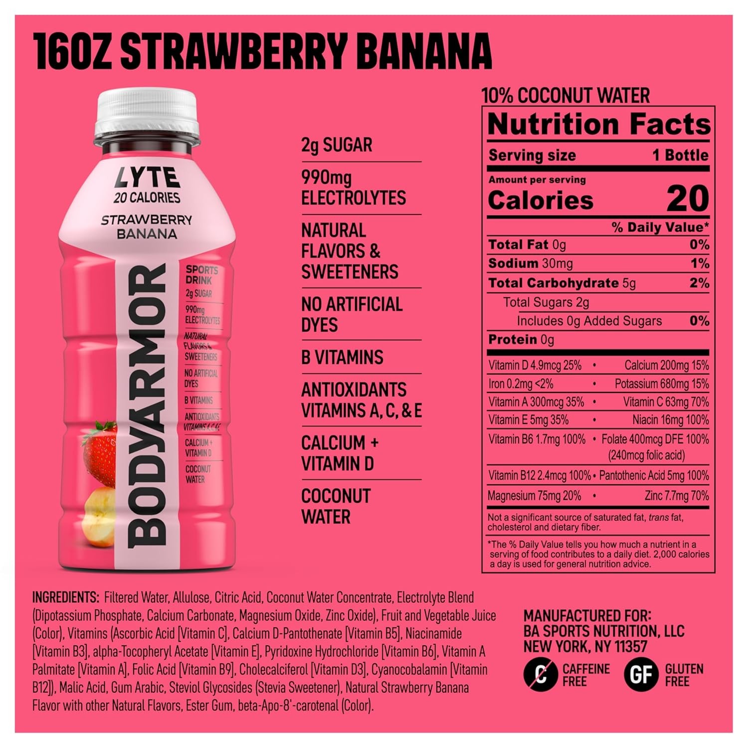 BODYARMOR LYTE Low-Calorie Sports Drink, Strawberry 16 Ounce (Pack of 12)