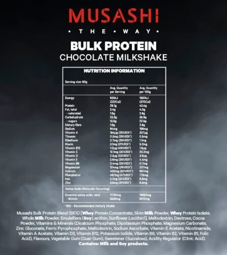 New Musashi Bulk Protein Powder Chocolate Milkshake Flavour 900g – 2KG Range