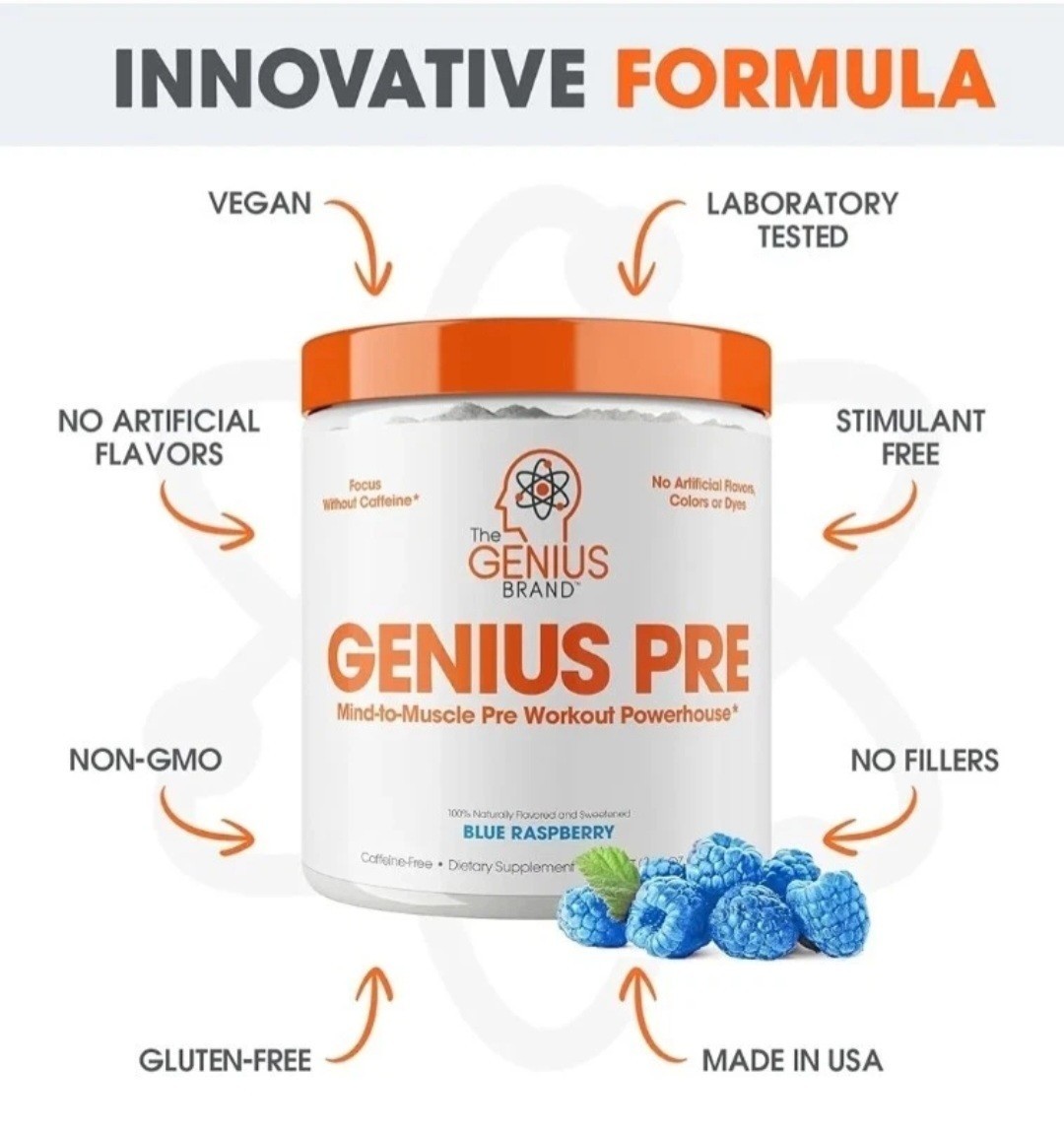 Genius Pre Workout – Blue Raspberry – 11.35 oz Caffeine-Free USA Made Exp. 2026