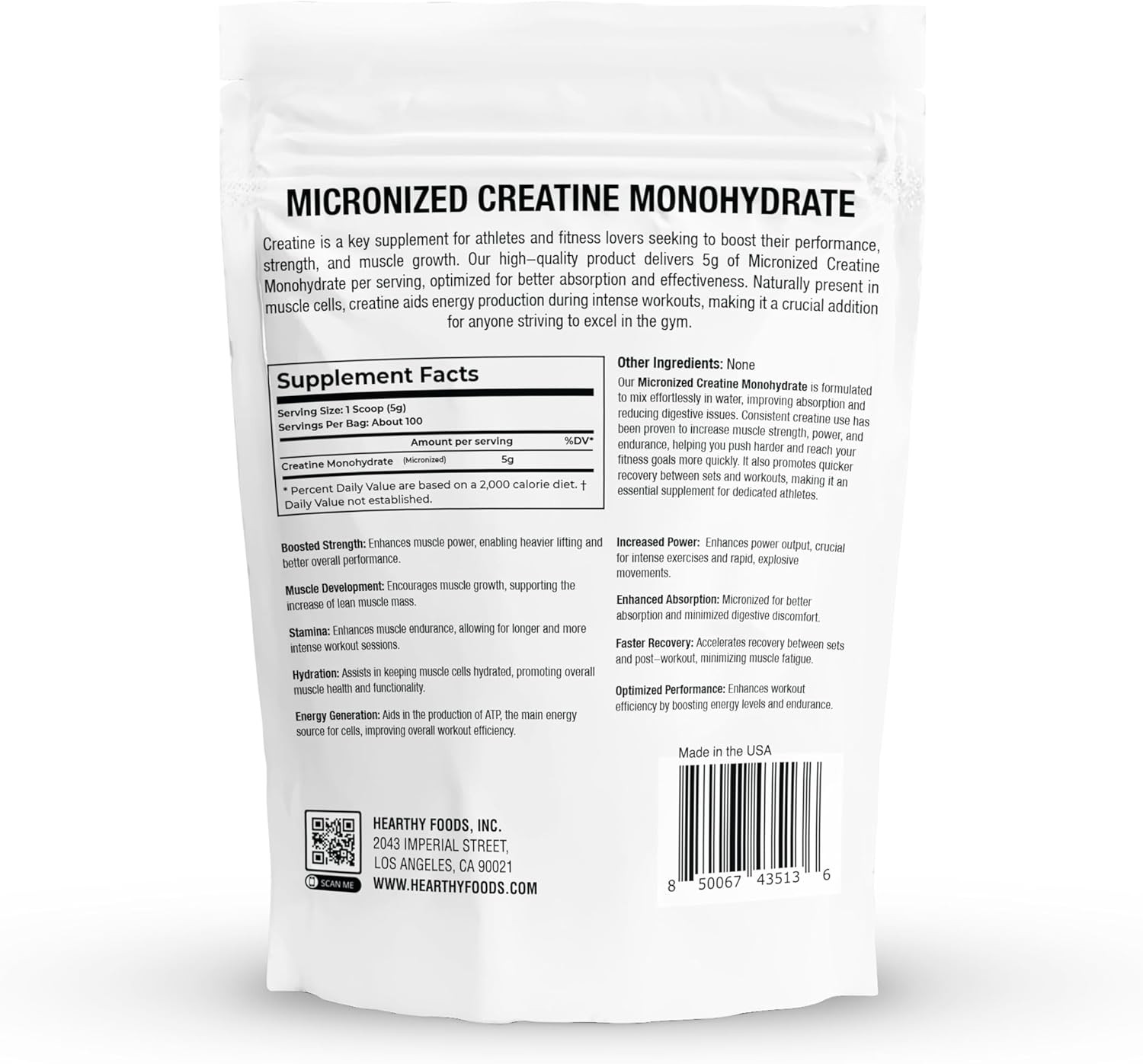 Creatina Monohidratada Micronizada Pura Crecimiento Muscular Sin Sabor 500g